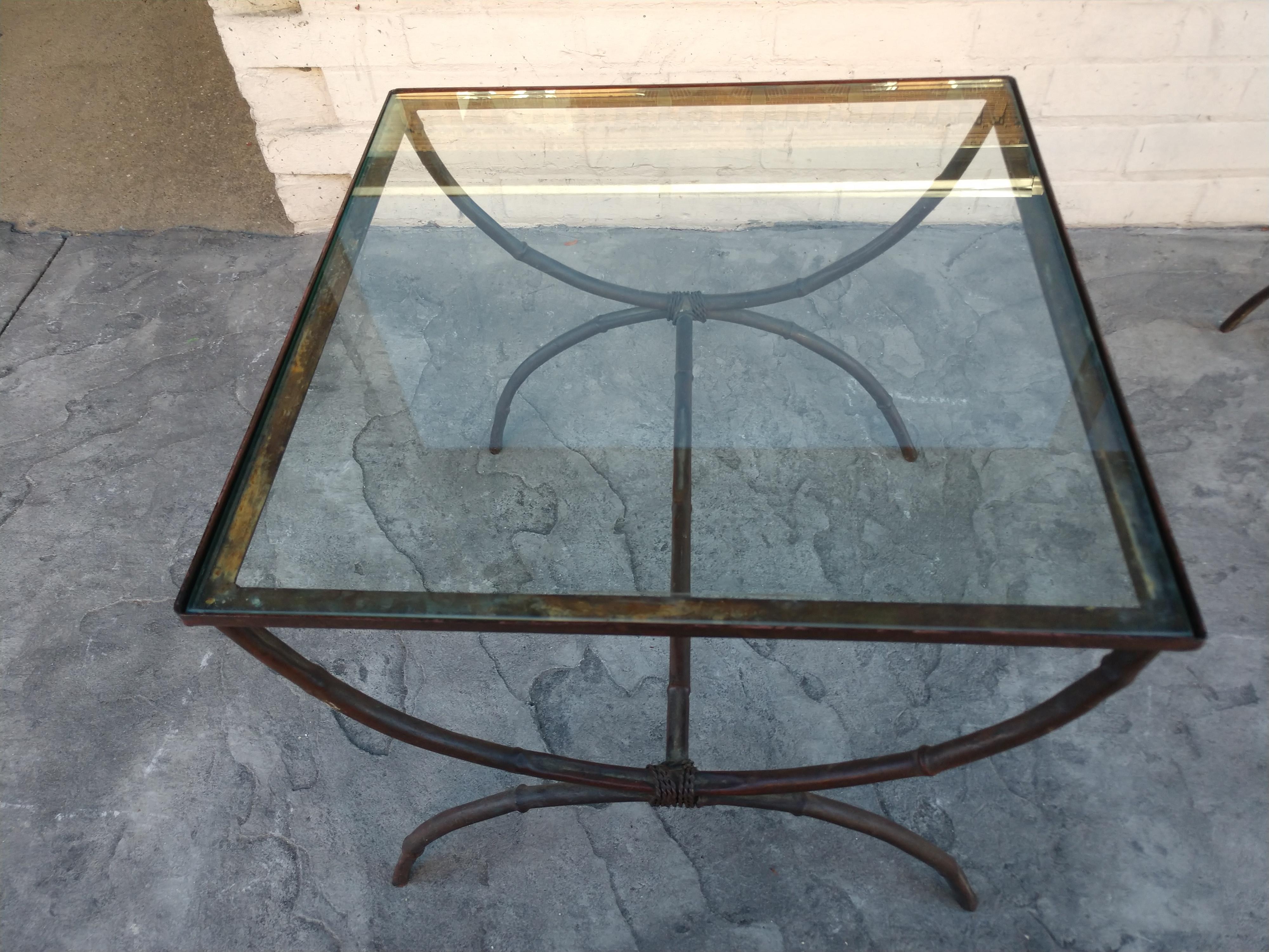 Pair Of Mid Century Gilt Faux Bamboo Glass Top Side or End Tables For Sale 1