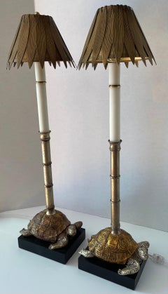 Pair of Gilt Faux Bamboo Turtle Lamps with Shades