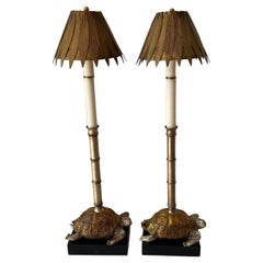 Pair of Gilt Faux Bamboo Turtle Lamps with Shades
