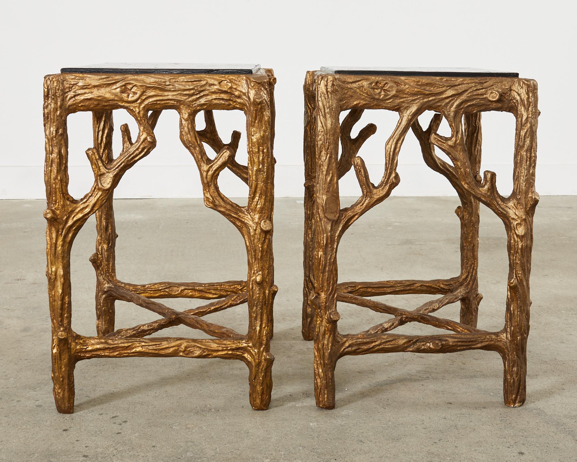 Pair of Gilt Faux Bois Drink Tables with Faux Marble Tops For Sale 2