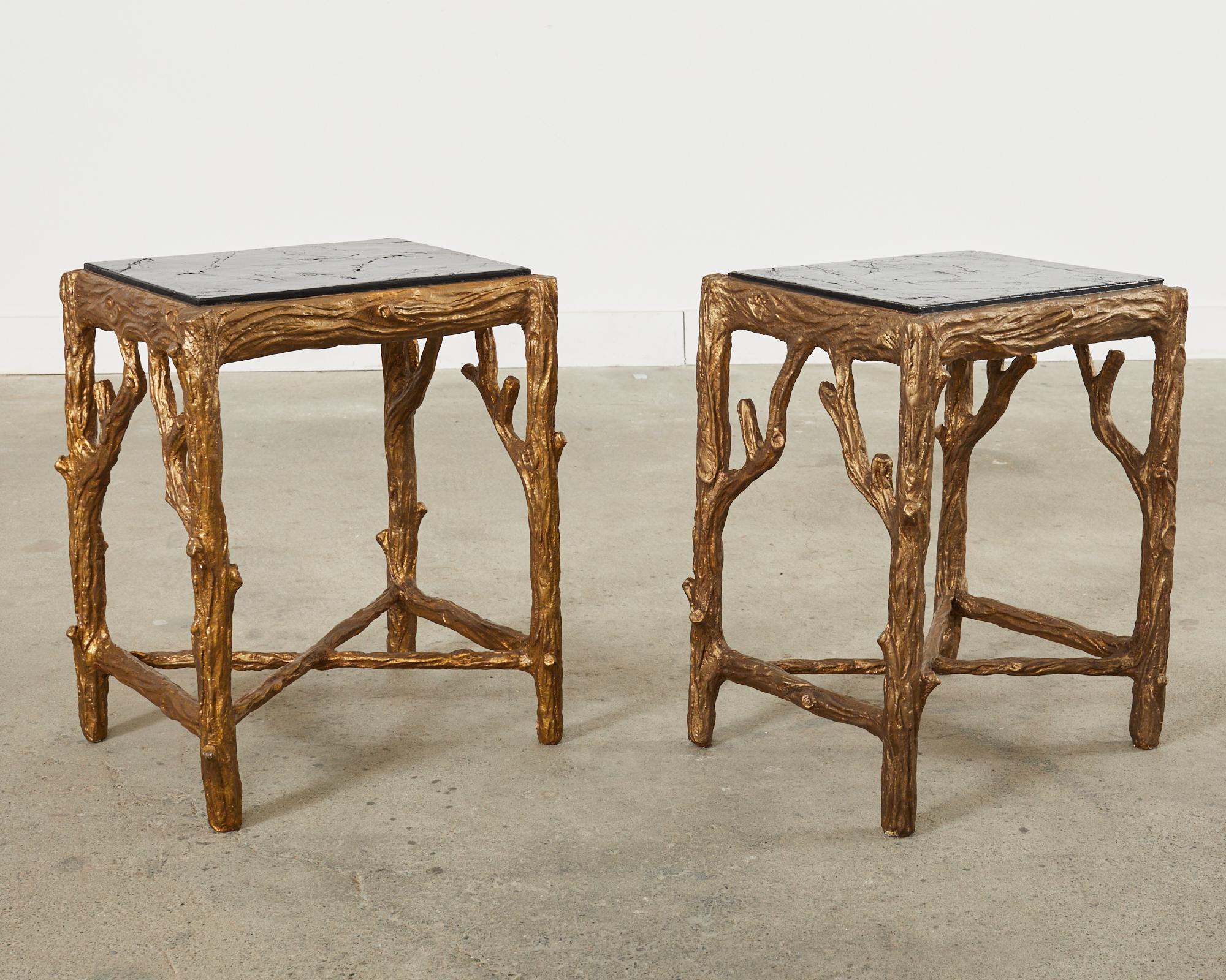 Pair of Gilt Faux Bois Drink Tables with Faux Marble Tops For Sale 3