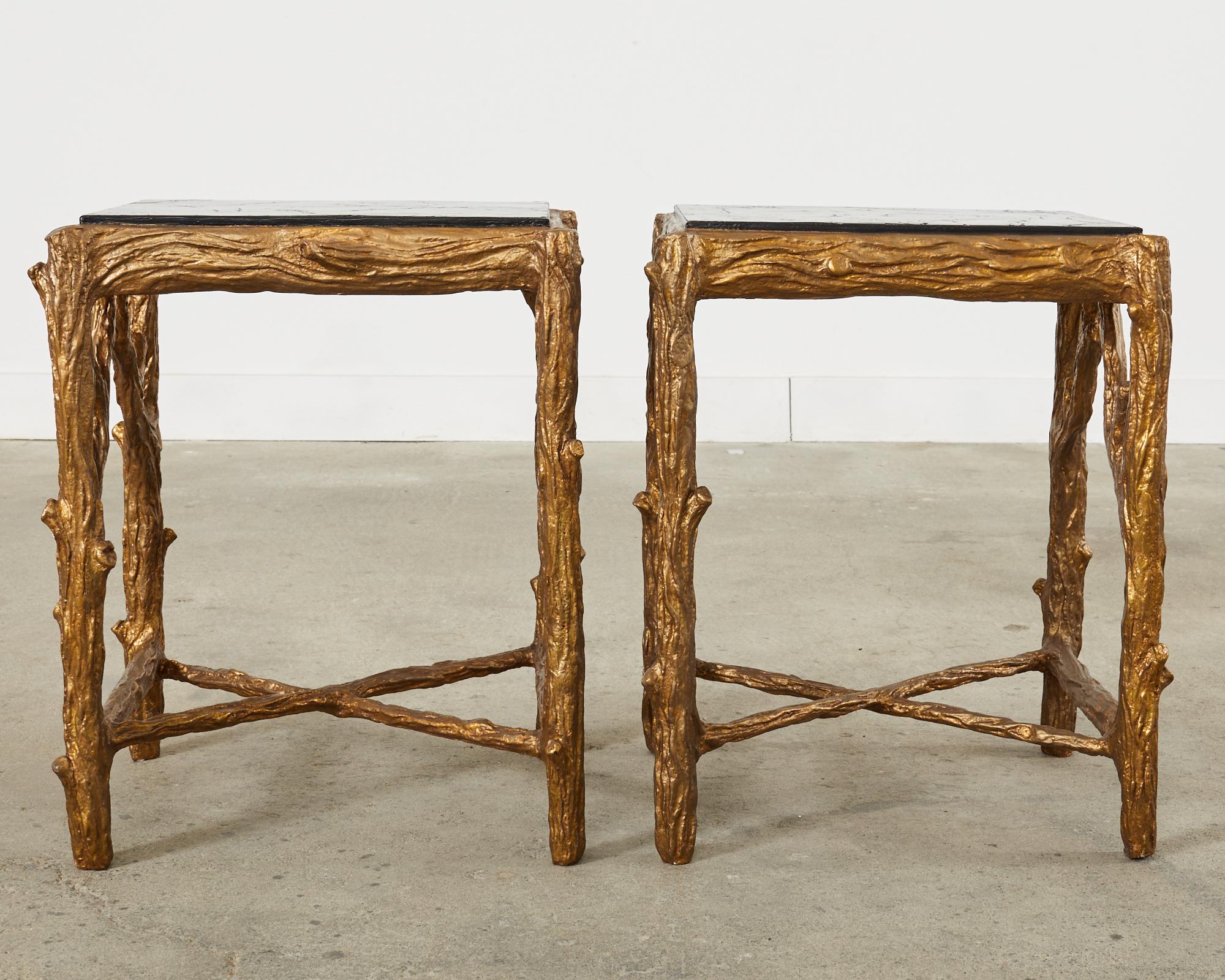 Pair of Gilt Faux Bois Drink Tables with Faux Marble Tops For Sale 12