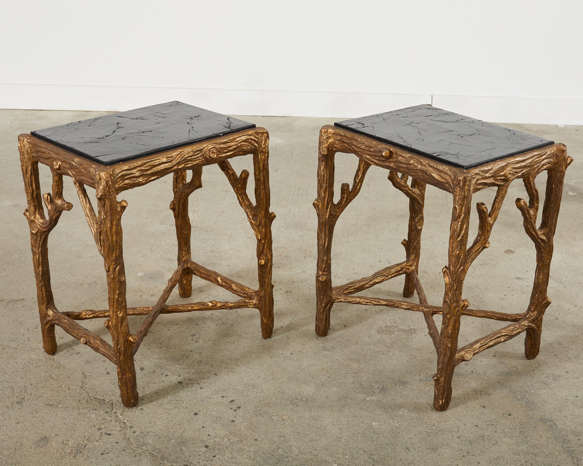 Organic Modern Pair of Gilt Faux Bois Drink Tables with Faux Marble Tops For Sale