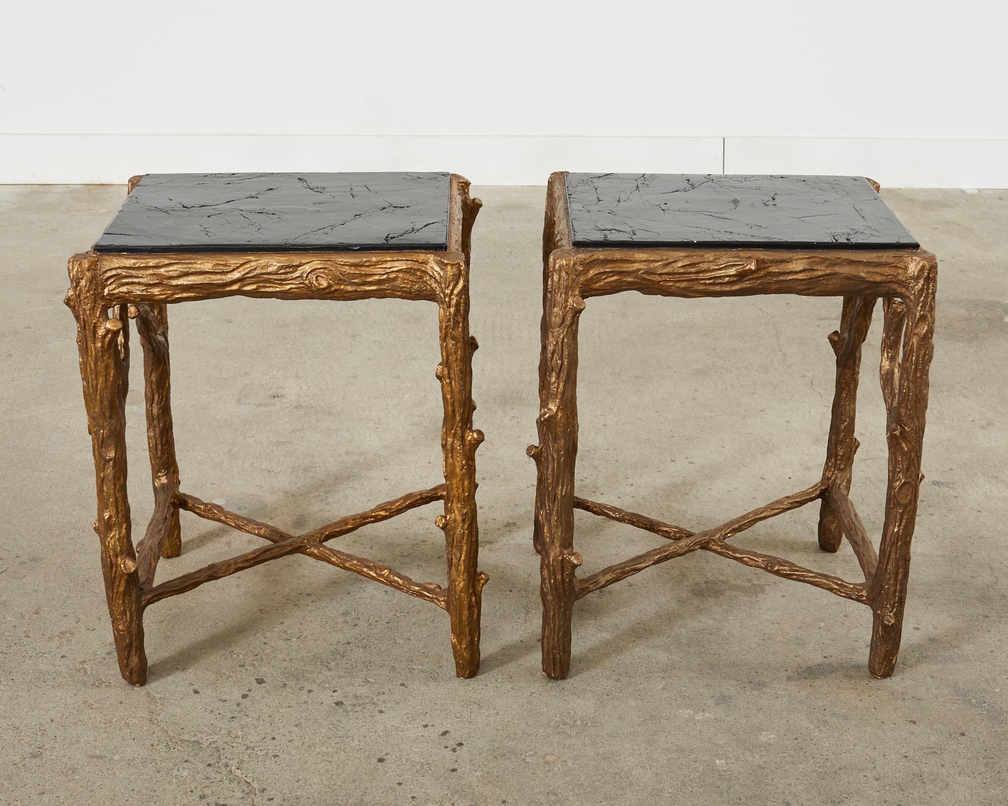 Hand-Crafted Pair of Gilt Faux Bois Drink Tables with Faux Marble Tops For Sale