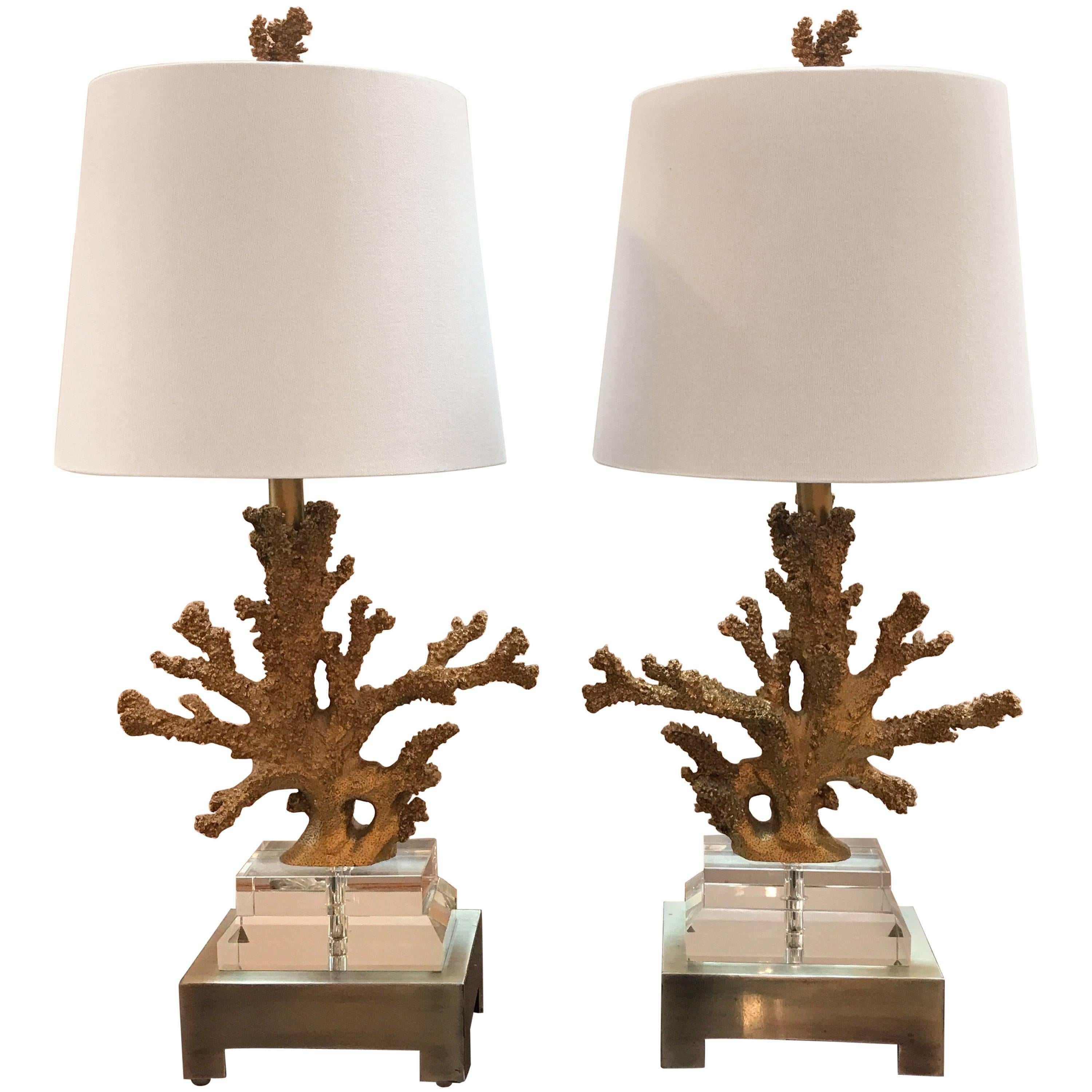 Pair of Gilt Faux Coral and Lucite Lamps