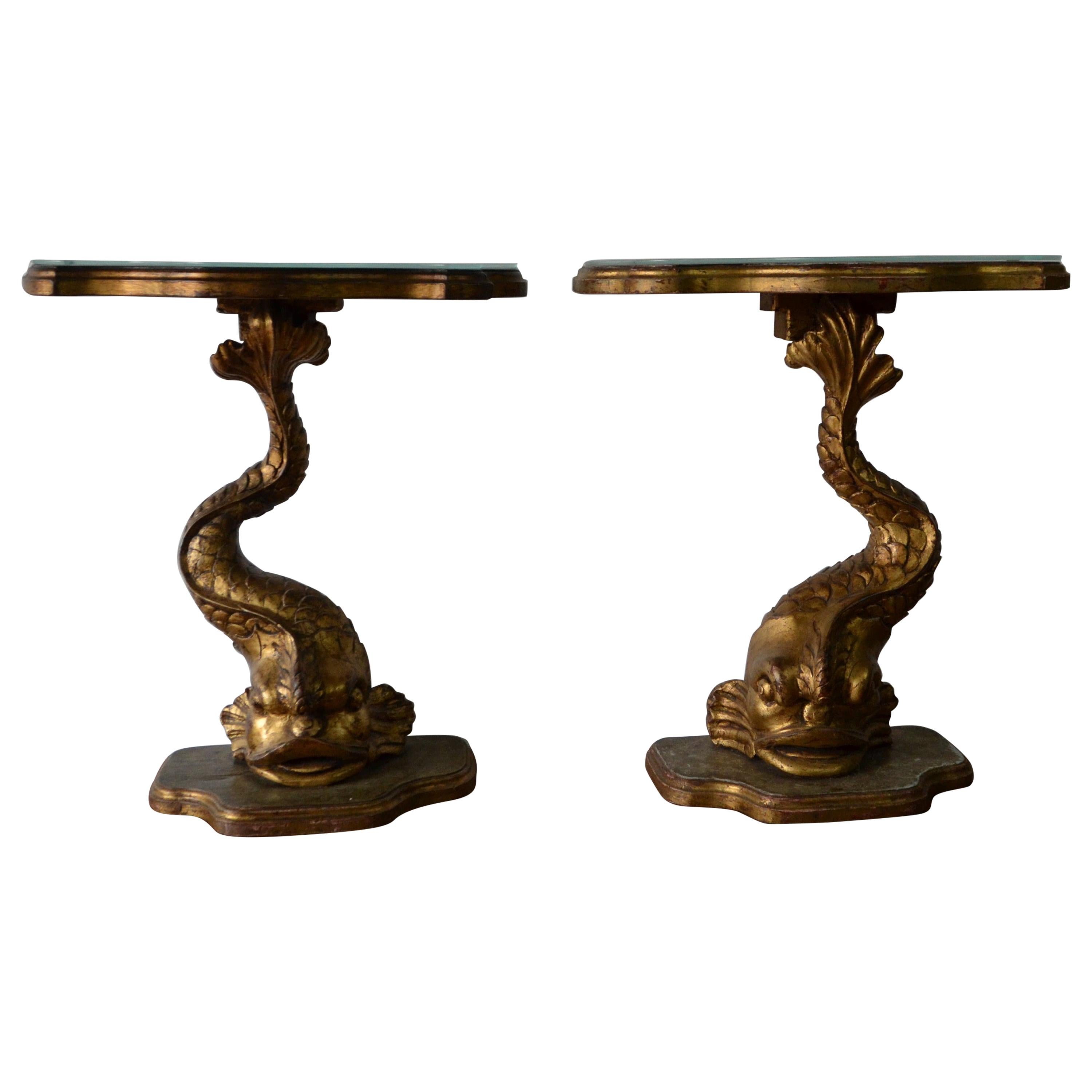 Pair of Gilt Finished Sea-Creature End Tables, Carved Wood