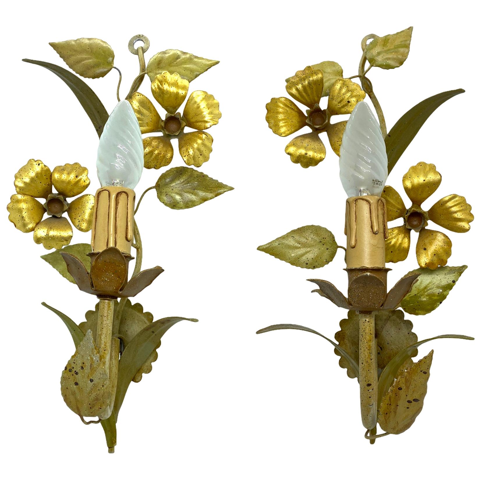 Pair of Gilt Flower and Leaf Tole Sconces Polychrome Metal, 1960s, Italy
