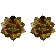 Pair of Mid Century  Gilt Foliate Sconces/Flushmounts