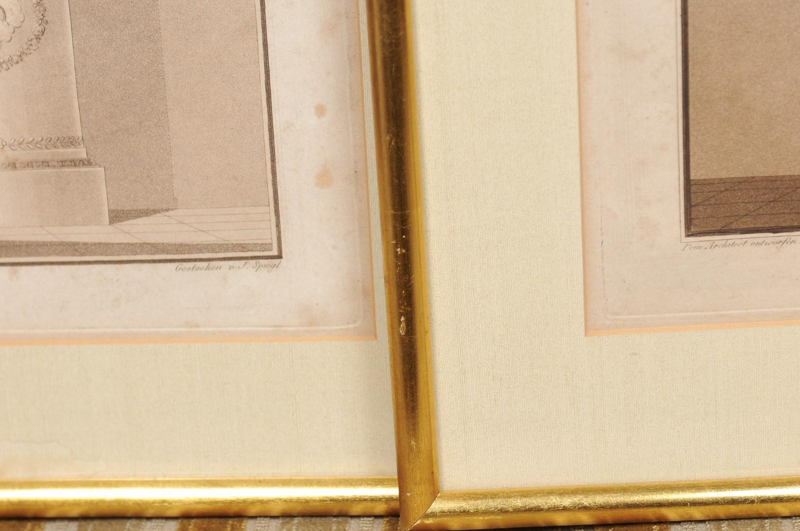 Other Pair of Gilt Framed Classical Engravings in Sepia Tones, Engraved by J. Spiegl For Sale