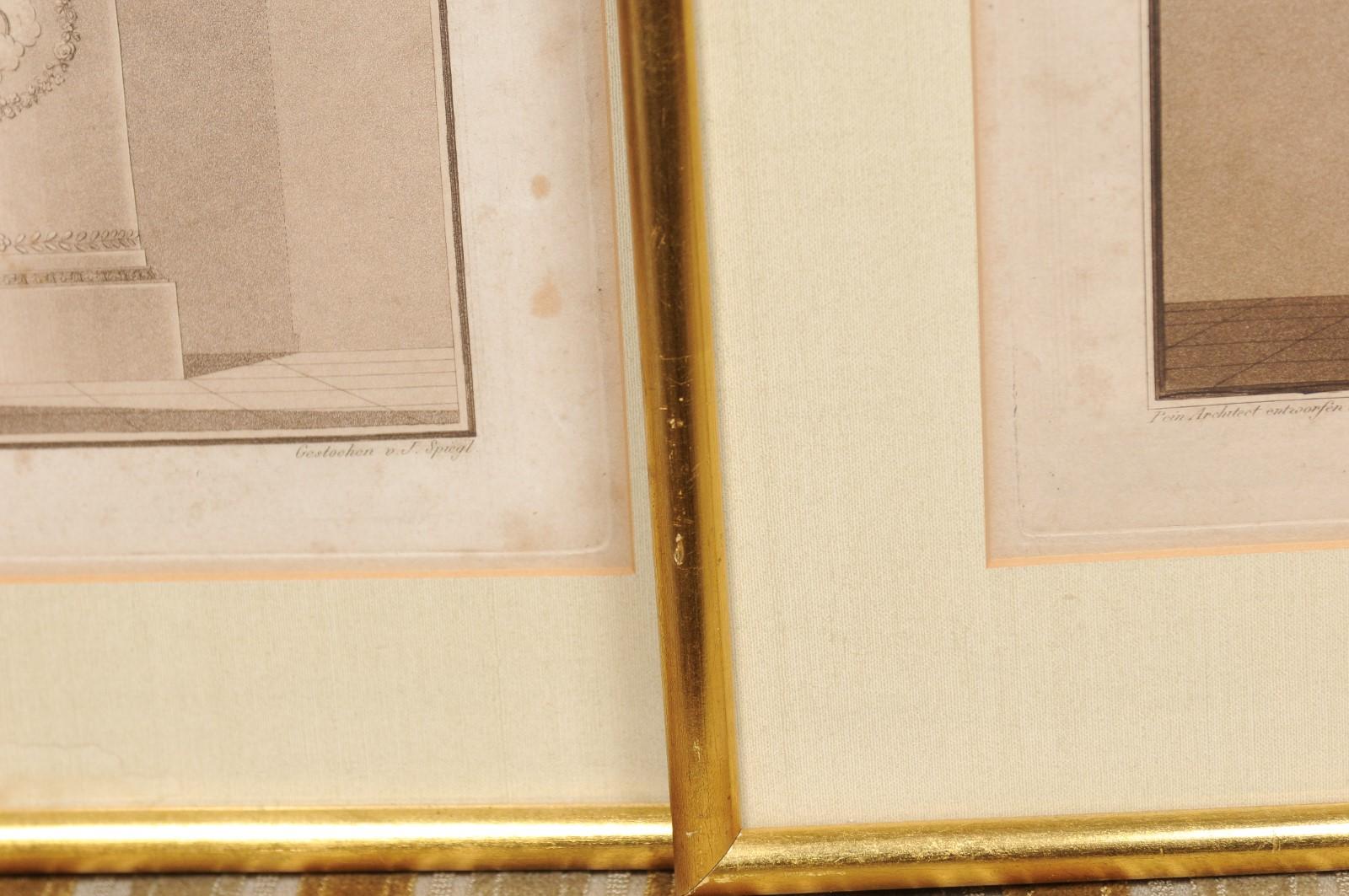 Fino al XVIII secolo Coppia di incisioni classiche con cornice dorata e toni seppia, incise da J. Spiegl in vendita