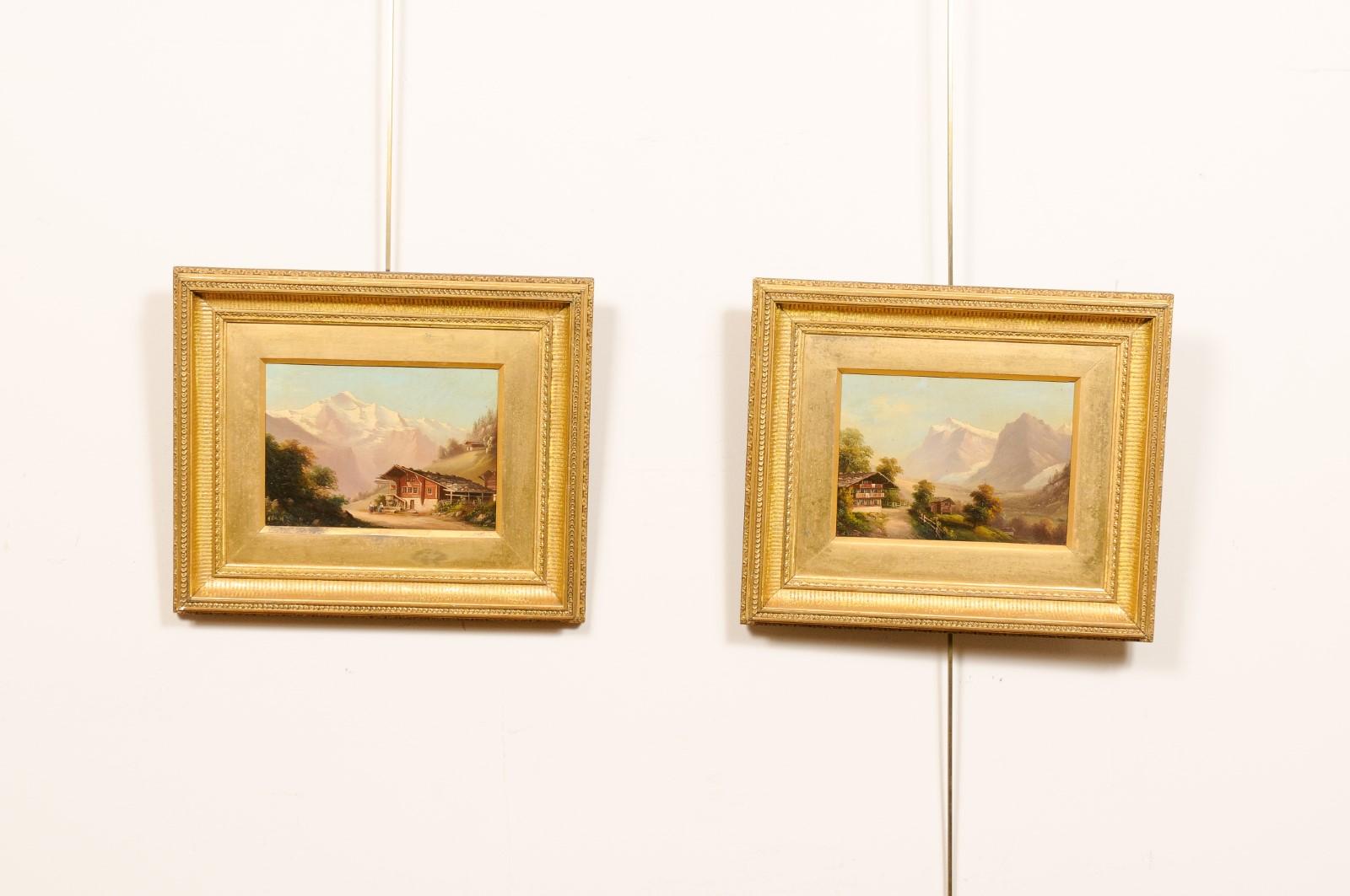 Paar vergoldete gerahmte Ölgemälde auf Karton-Landschaftsgemälde mit Bergsszenen, 19. Jahrhundert im Angebot 7