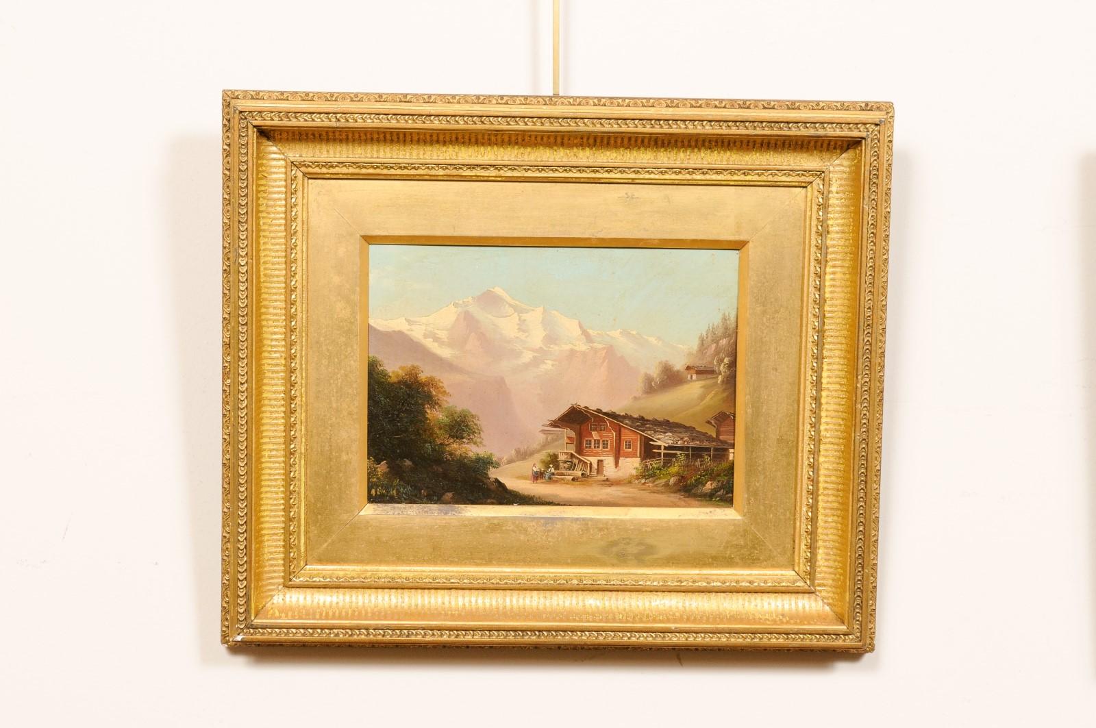 Pair of Gilt Framed Oil on Board Landscape Paintings of Mountain Scenes, 19th C For Sale 7