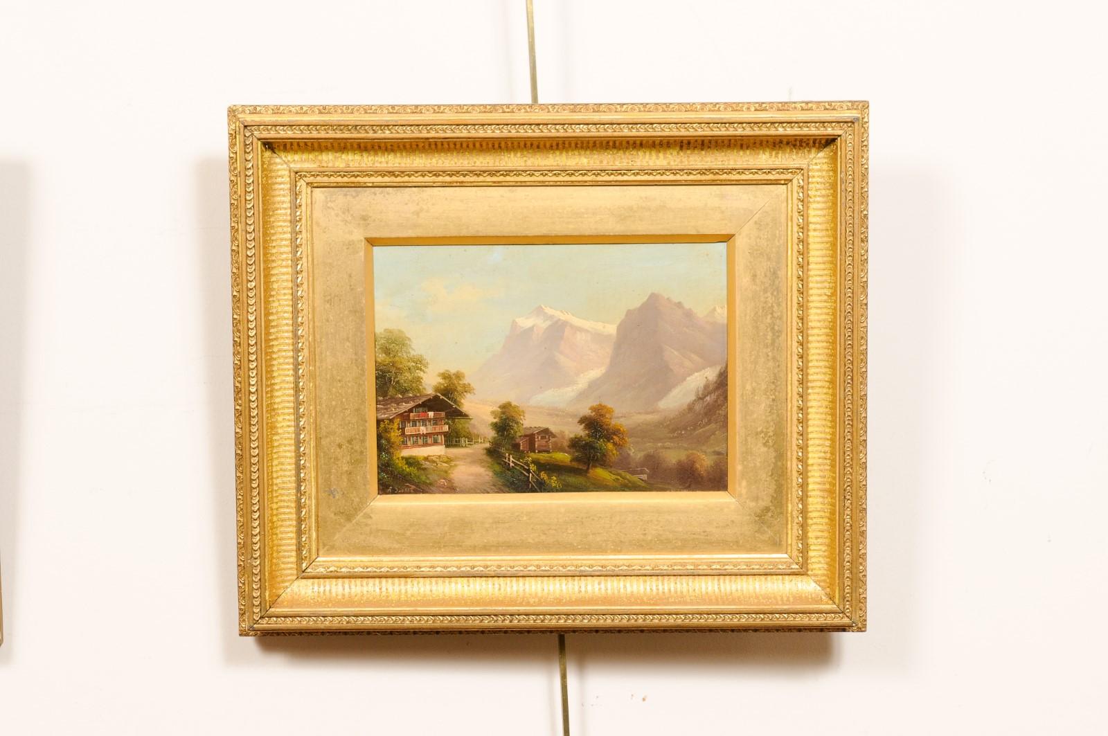 Pair of Gilt Framed Oil on Board Landscape Paintings of Mountain Scenes, 19th C For Sale 8