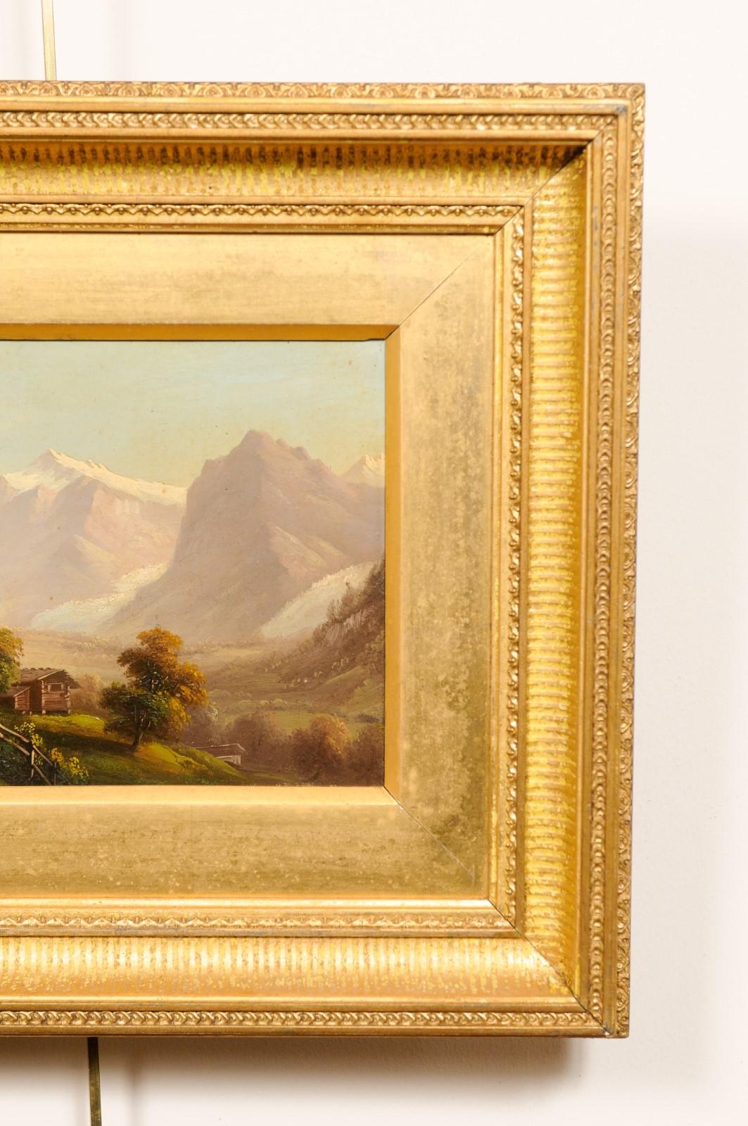 Paar vergoldete gerahmte Ölgemälde auf Karton-Landschaftsgemälde mit Bergsszenen, 19. Jahrhundert im Angebot 10