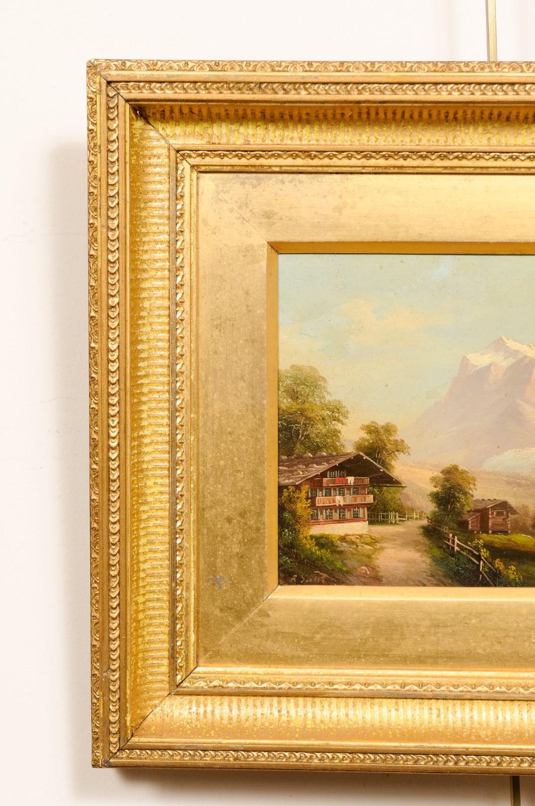 Paar vergoldete gerahmte Ölgemälde auf Karton-Landschaftsgemälde mit Bergsszenen, 19. Jahrhundert im Angebot 11