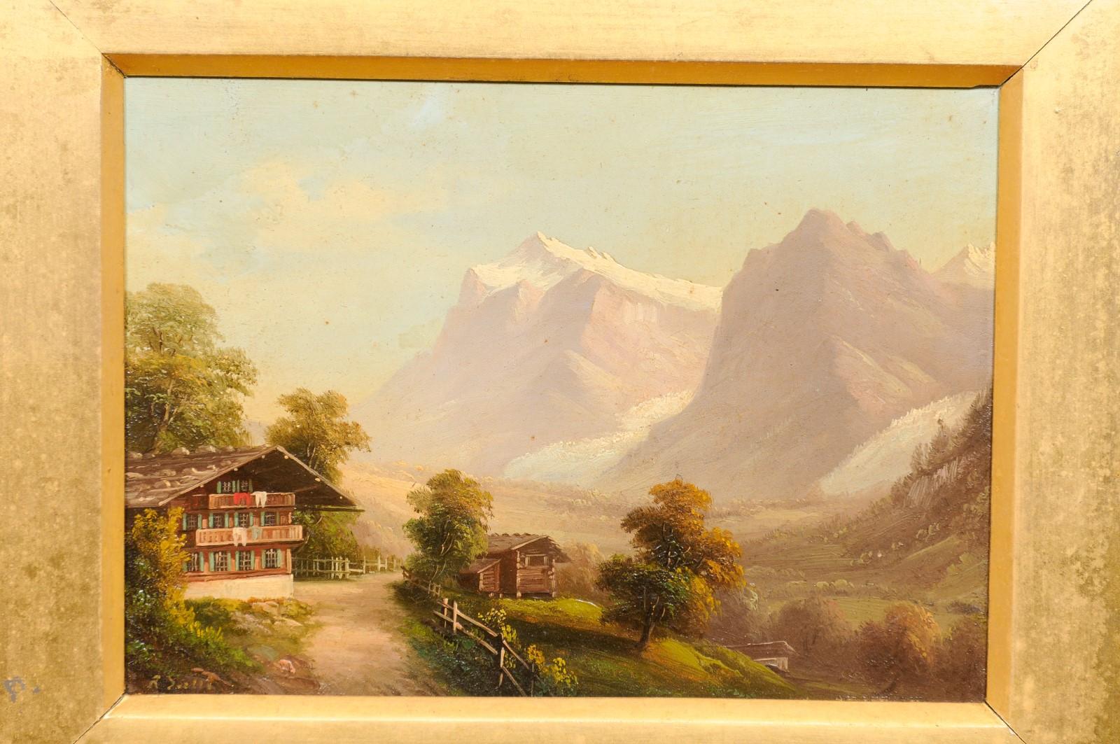 Paar vergoldete, gerahmte Öl-auf-Pappe-Landschaftsgemälde mit Gebirgsszenen, 19.