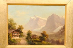 Pair of Gilt Framed Oil on Board Landscape Paintings of Mountain Scenes, 19th C