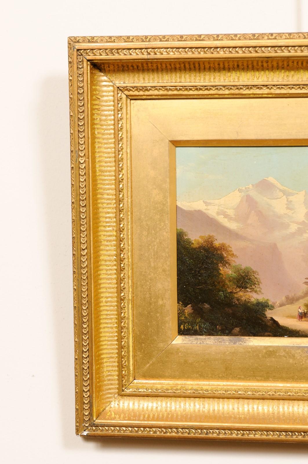 19th Century Pair of Gilt Framed Oil on Board Landscape Paintings of Mountain Scenes, 19th C For Sale