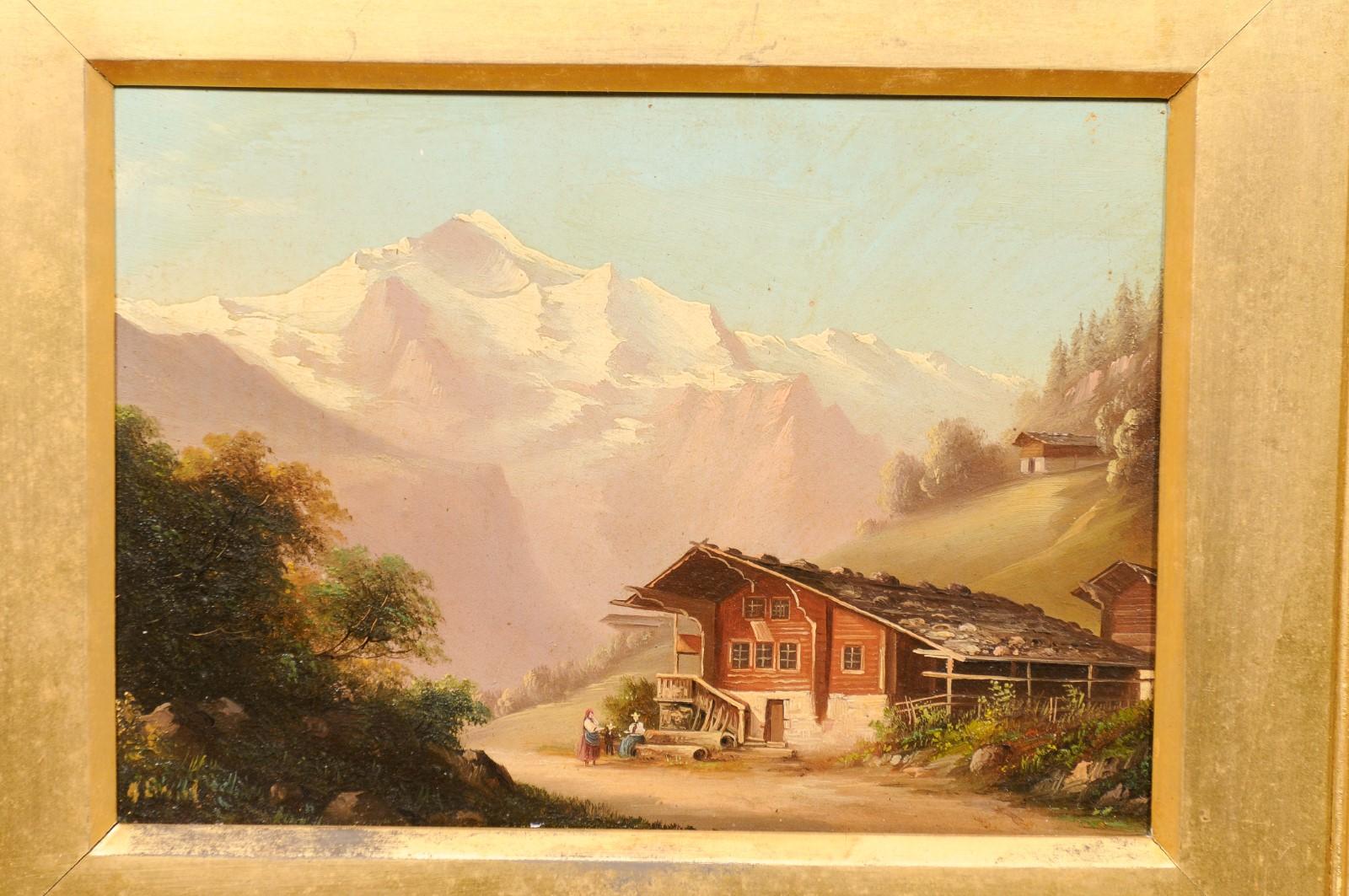 Padouk Pair of Gilt Framed Oil on Board Landscape Paintings of Mountain Scenes, 19th C For Sale