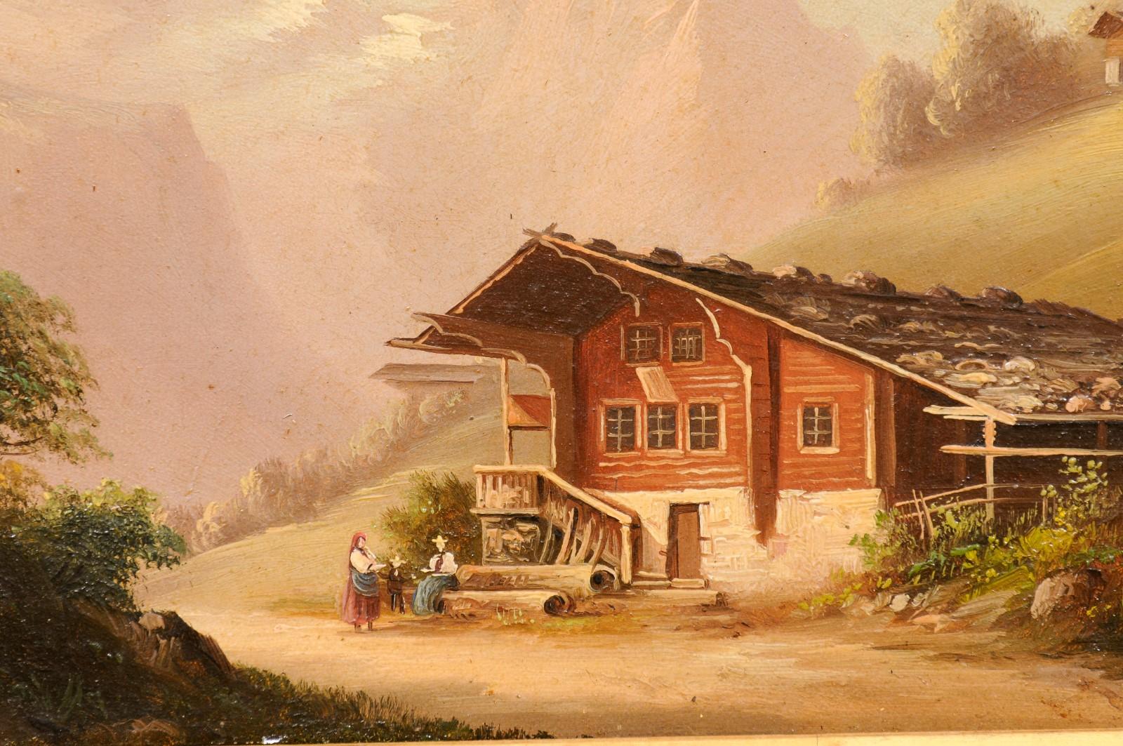 Paar vergoldete gerahmte Ölgemälde auf Karton-Landschaftsgemälde mit Bergsszenen, 19. Jahrhundert im Angebot 2