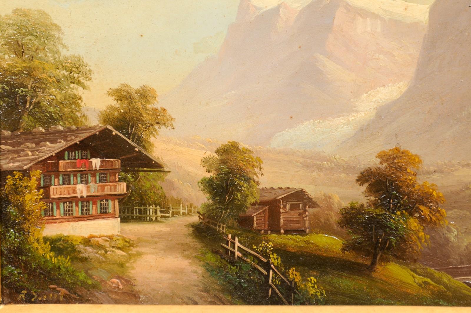 Paar vergoldete gerahmte Ölgemälde auf Karton-Landschaftsgemälde mit Bergsszenen, 19. Jahrhundert im Angebot 3
