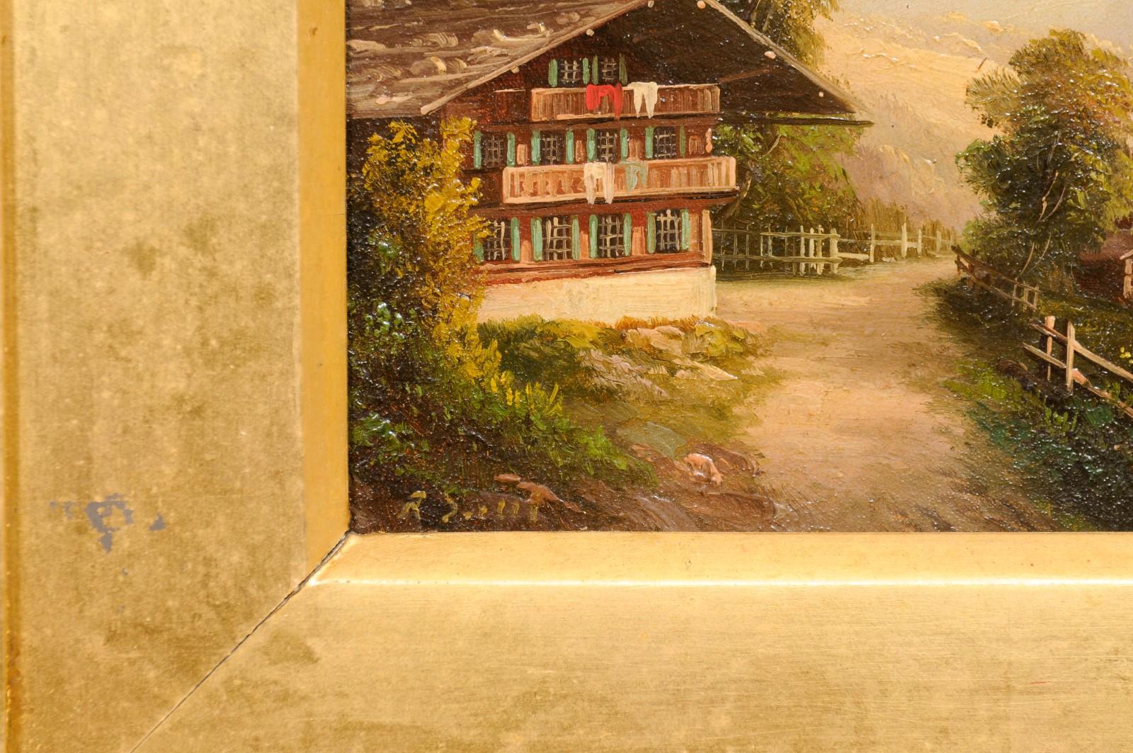 Paar vergoldete gerahmte Ölgemälde auf Karton-Landschaftsgemälde mit Bergsszenen, 19. Jahrhundert im Angebot 4