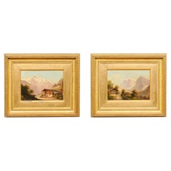 Paar vergoldete gerahmte Ölgemälde auf Karton-Landschaftsgemälde mit Bergsszenen, 19. Jahrhundert