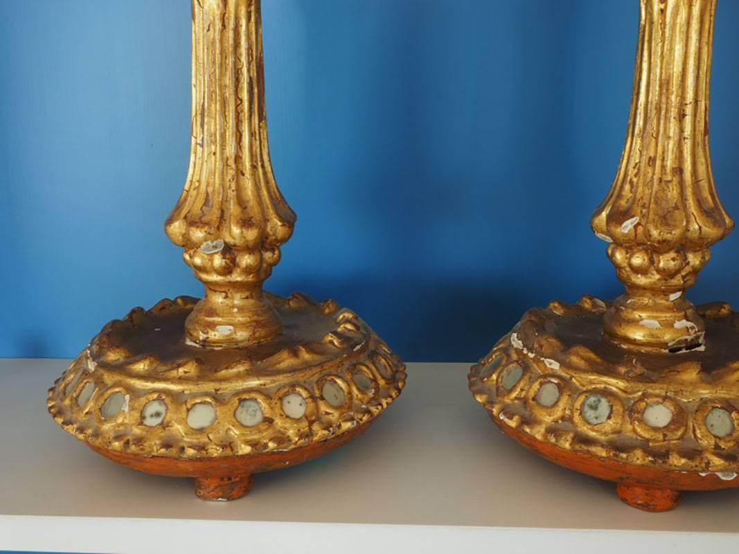 Italian Pair of Gilt Gessoed Candleholders with Mirrored Mosaic Inlay