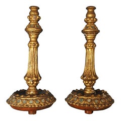 Pair of Gilt Gessoed Candleholders with Mirrored Mosaic Inlay