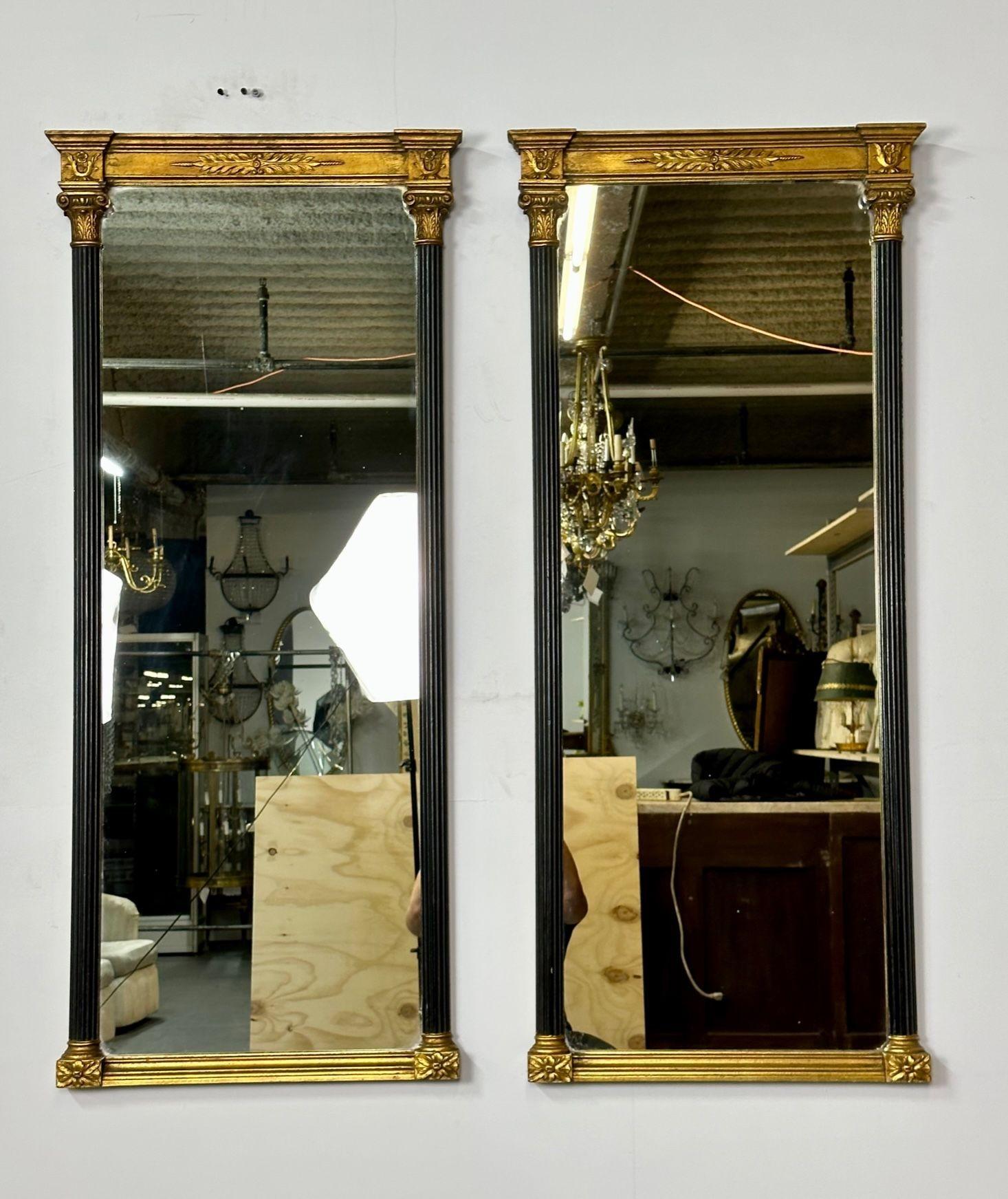 Hollywood Regency Pair of Gilt Gold and Ebony Wall, Console or Pier Mirrors