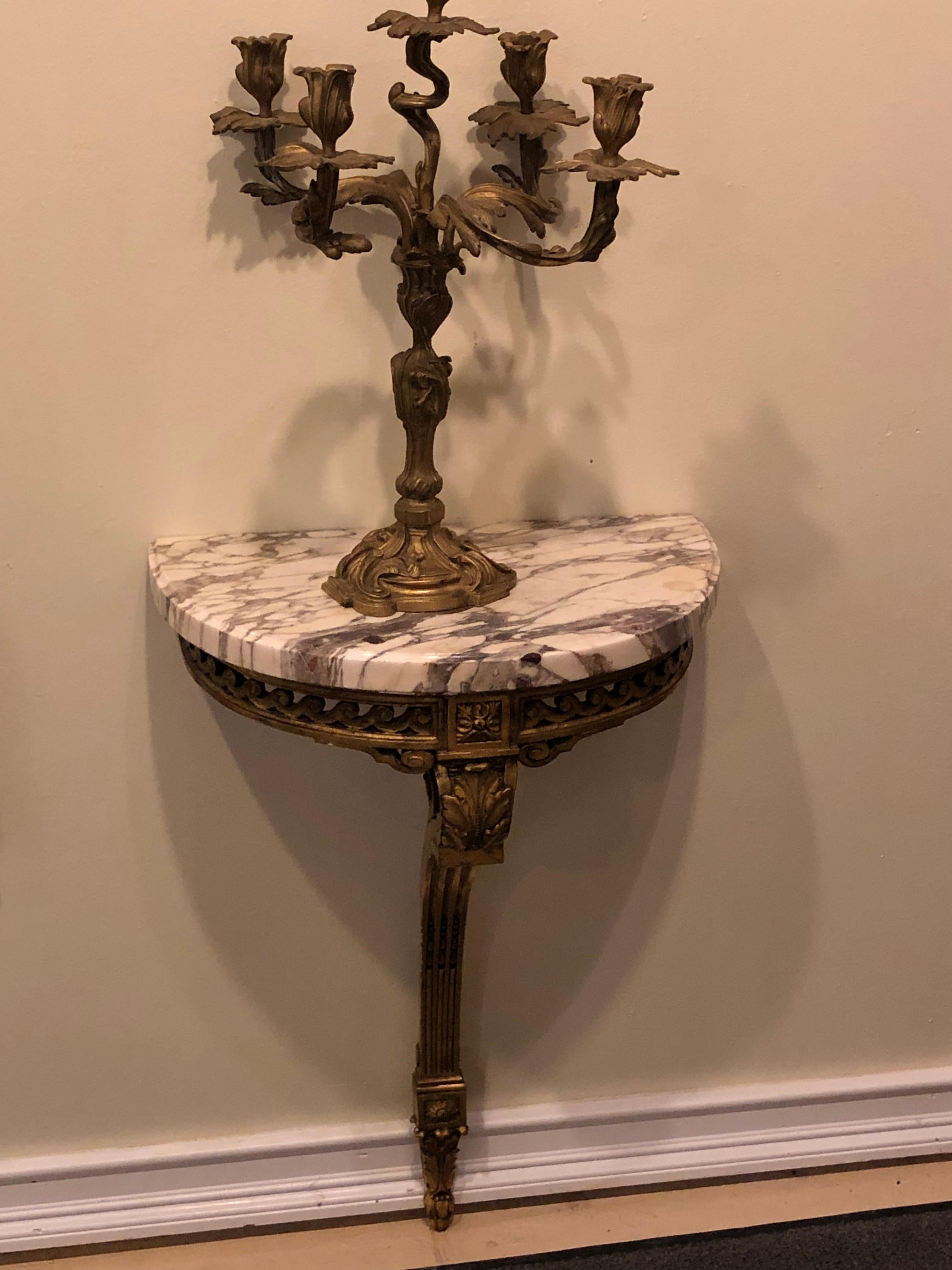 French Pair of Gilt Gold Louis XVI Maison Jansen Wall Mount Demi Lune Console Tables
