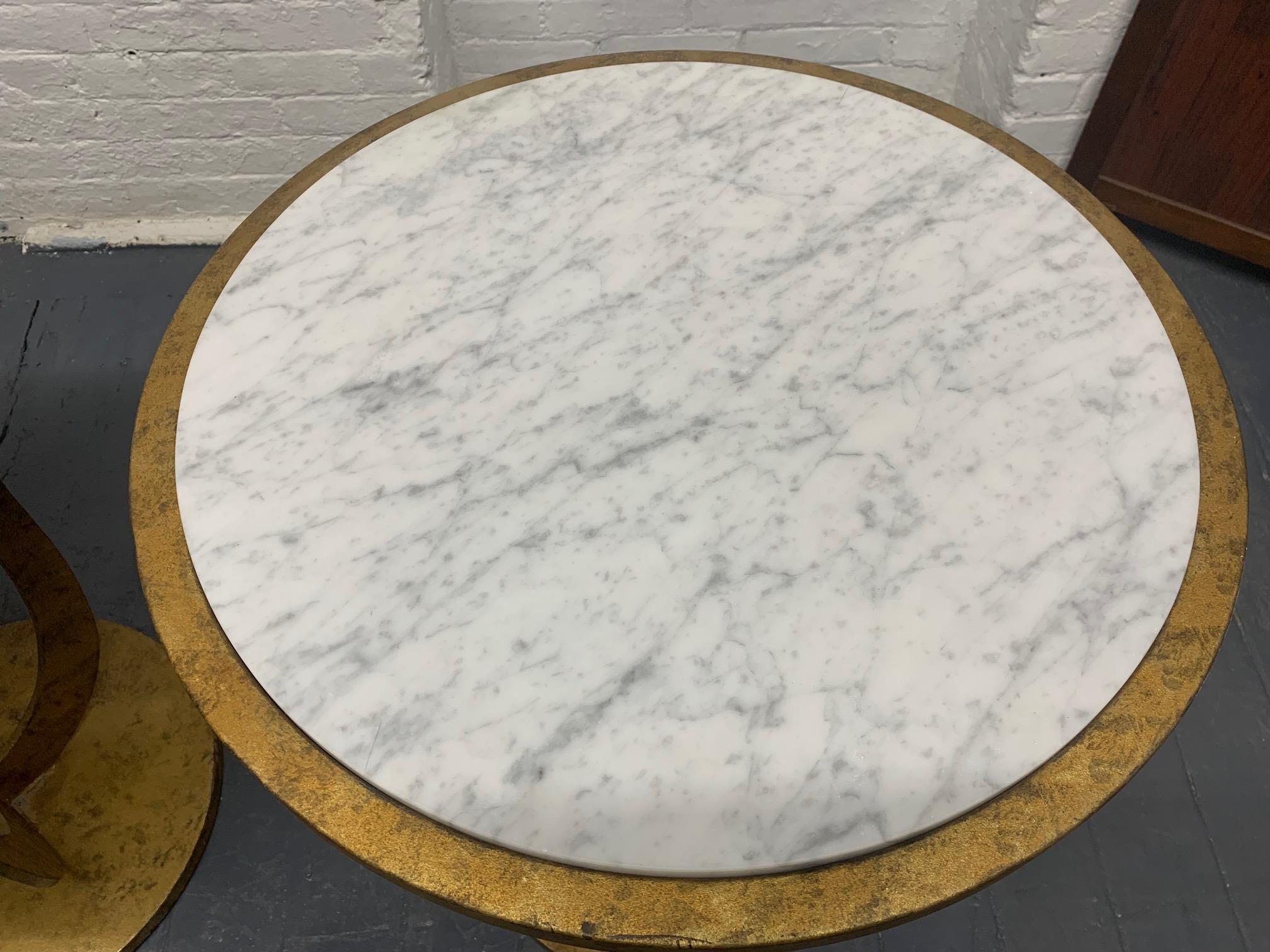 Pair of Gilt Iron and Carrara Marble-Top Gueridon Tables In Good Condition In New York, NY