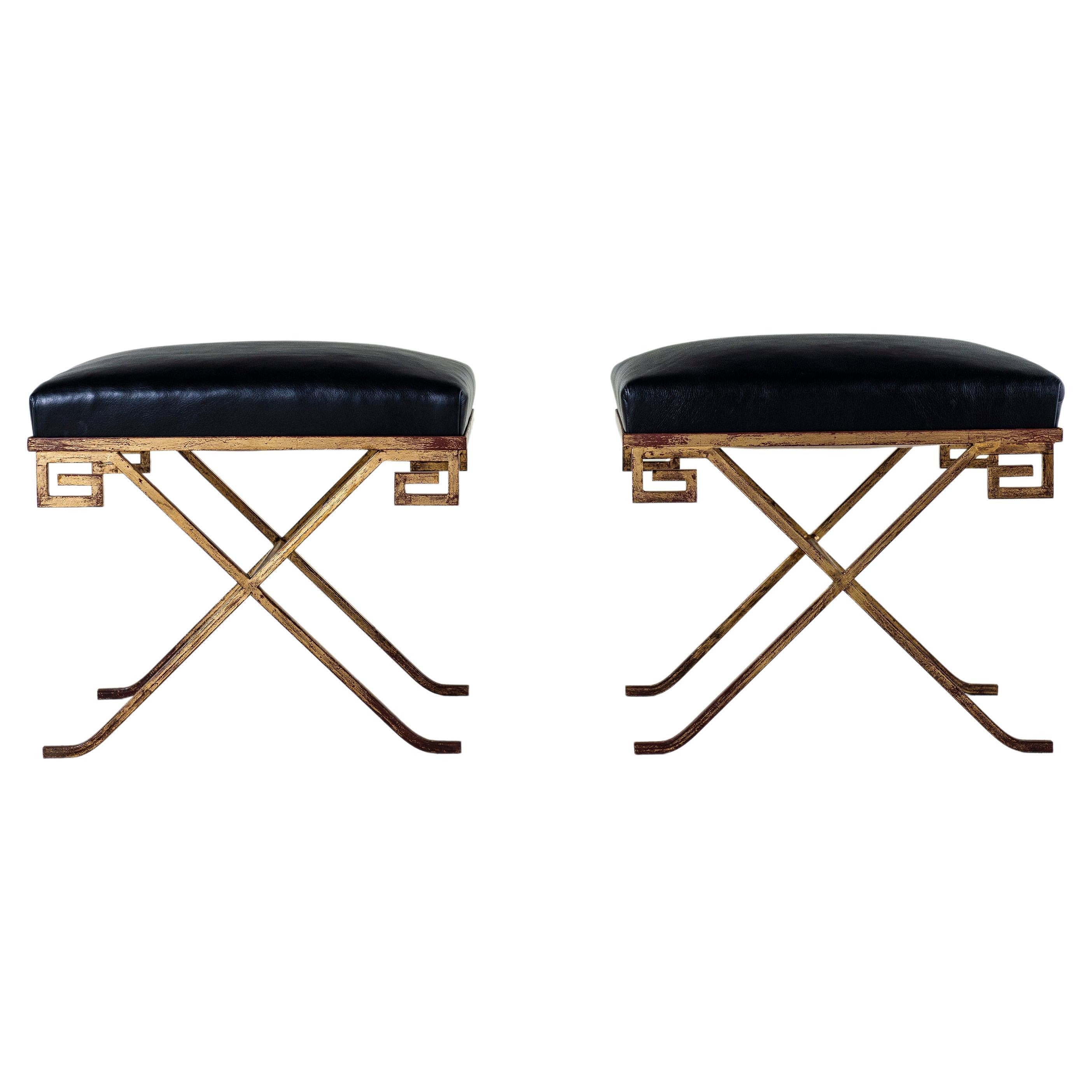 Pair of gilt iron and leather stools designed by Jean-Michel Frank, circa 1938