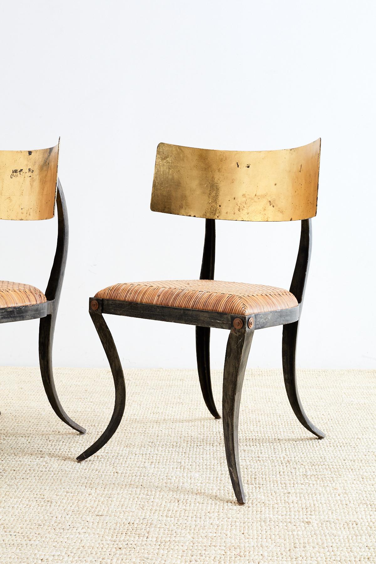 American Pair of Gilt Iron and Rattan Klismos Chairs