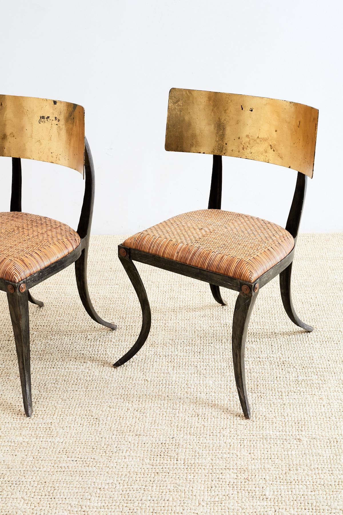 Hand-Crafted Pair of Gilt Iron and Rattan Klismos Chairs