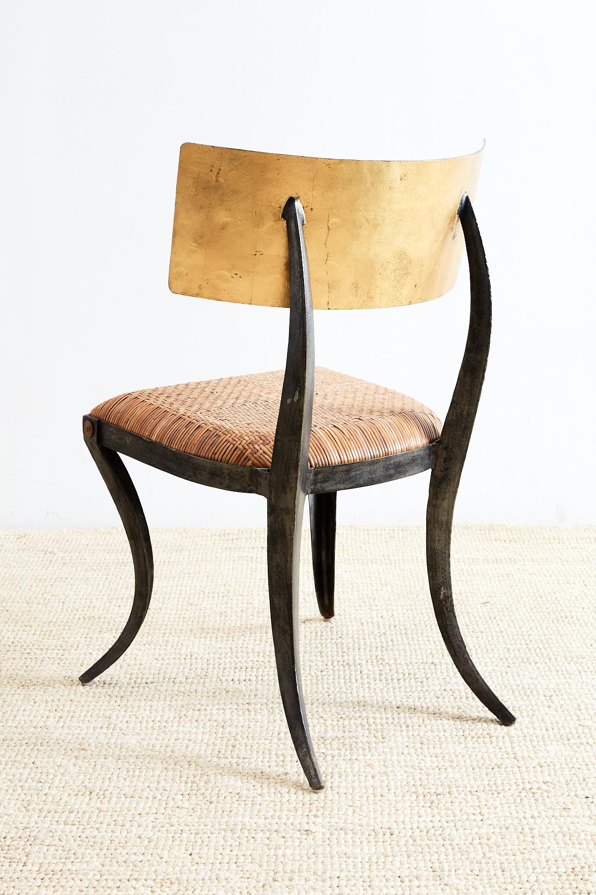 20th Century Pair of Gilt Iron and Rattan Klismos Chairs