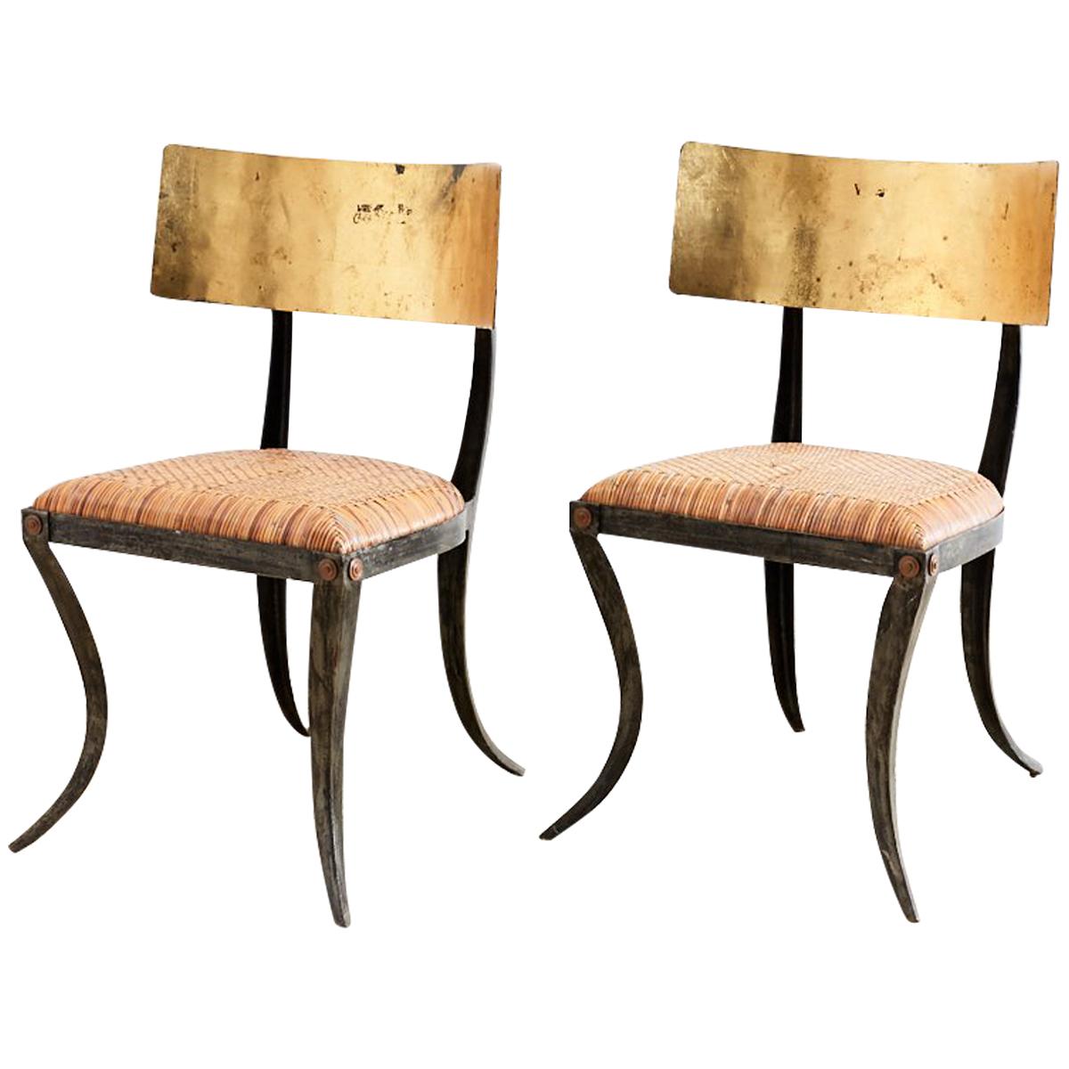 Pair of Gilt Iron and Rattan Klismos Chairs