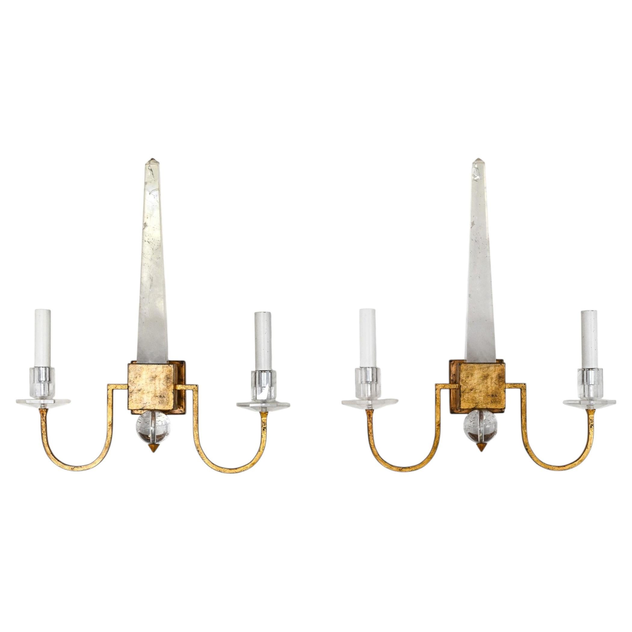 Pair of Gilt-Iron and Rock Crystal Wall Sconces, Attributed to Maison Baguès For Sale