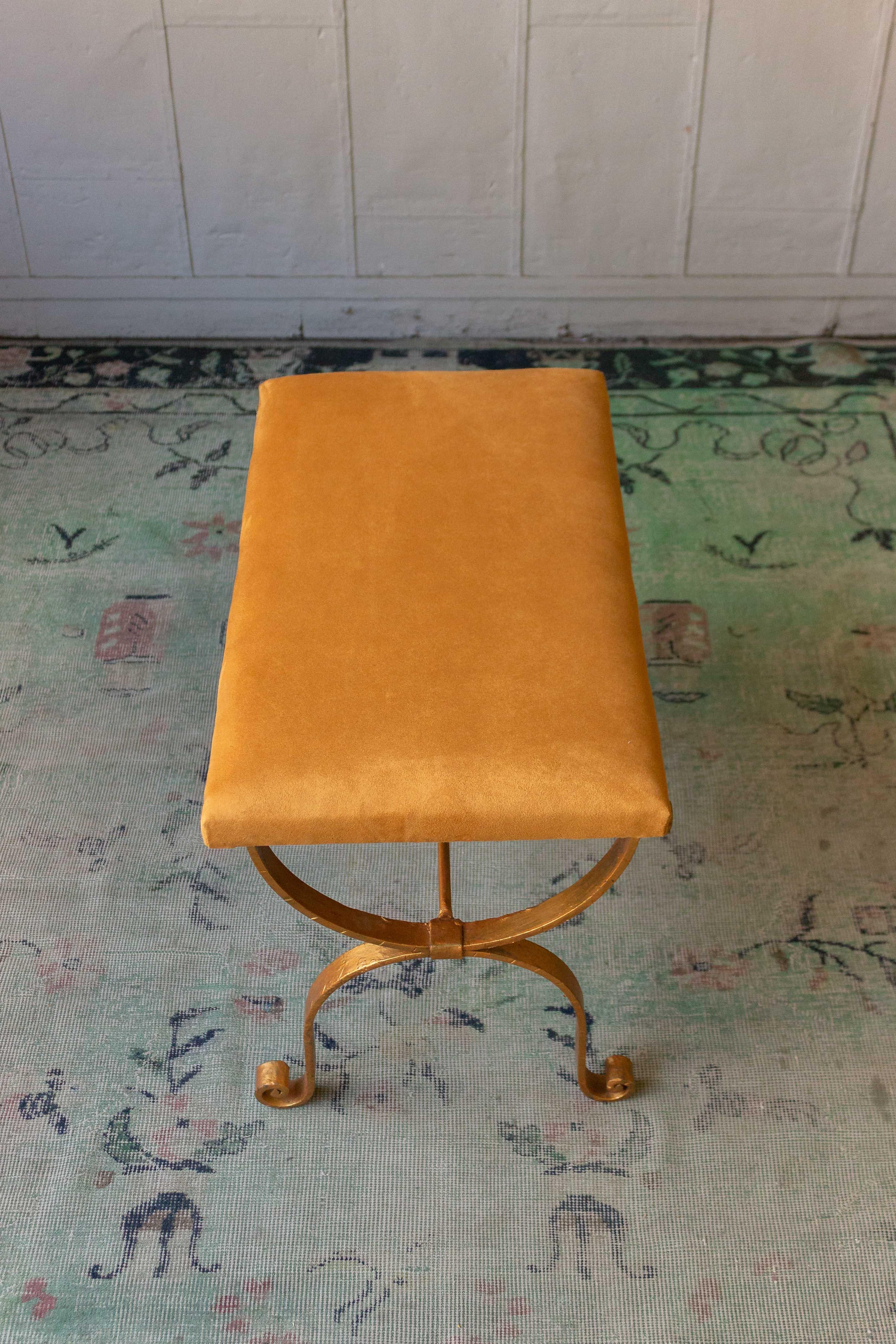Mid-20th Century Spanish Gilt Iron and Suede Bench