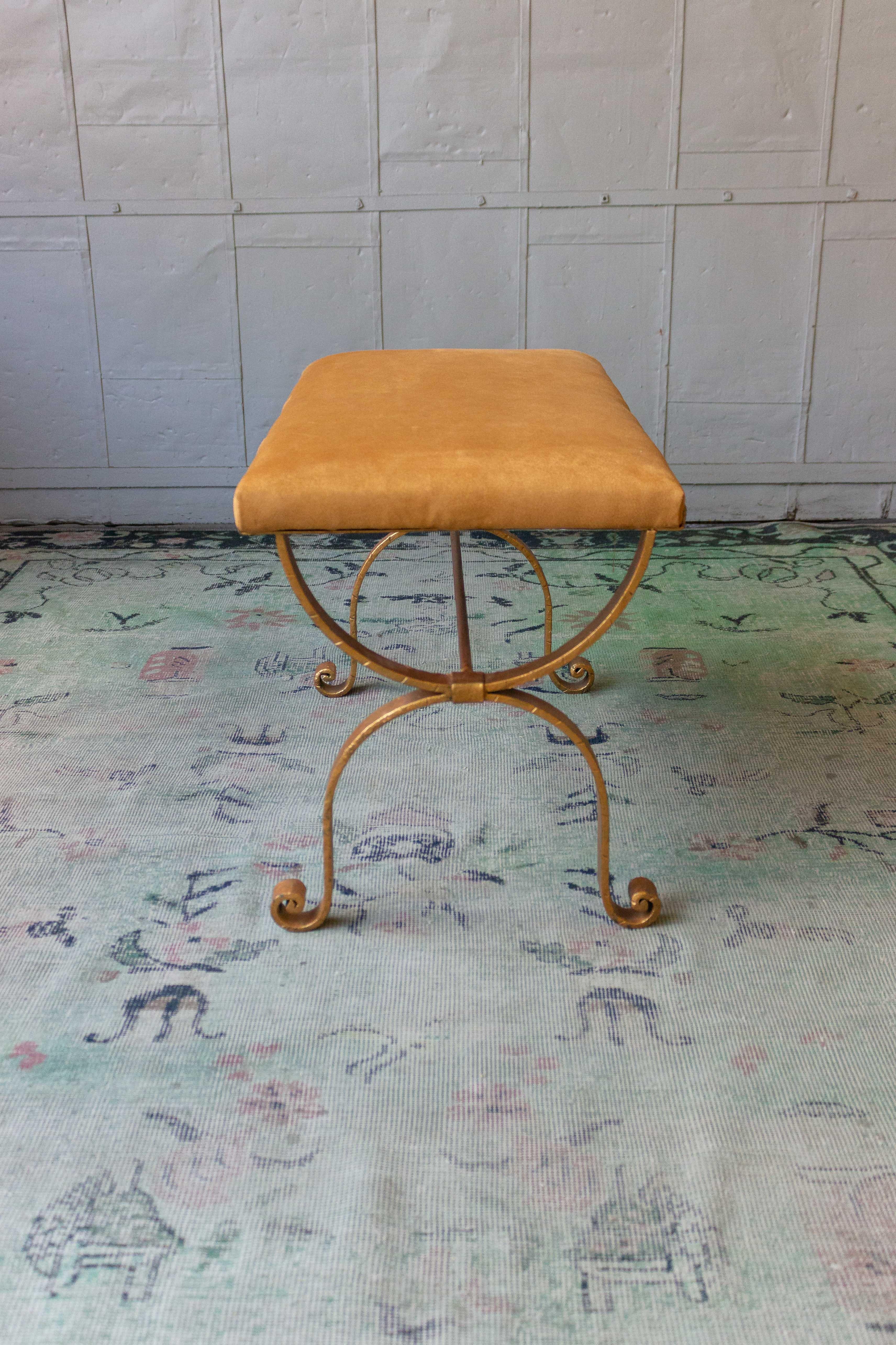 Spanish Gilt Iron and Suede Bench 1