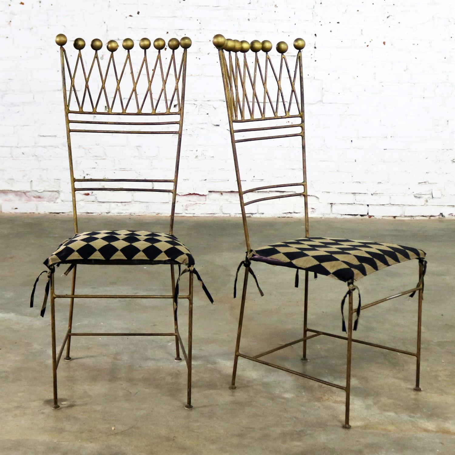 Pair of Gilt Iron Chairs Crown or Harlequin Style Ball Finials Art Deco In Good Condition In Topeka, KS