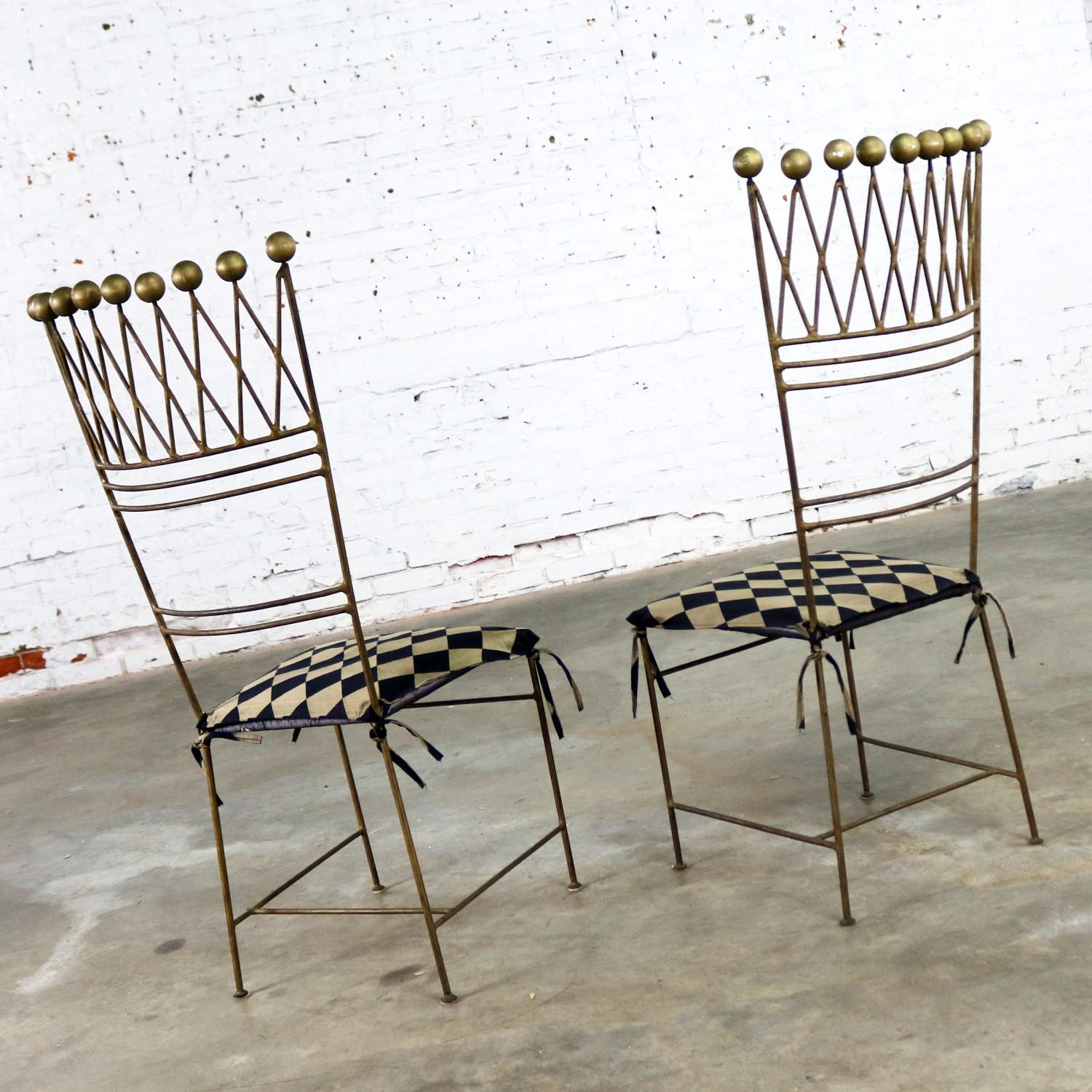 20th Century Pair of Gilt Iron Chairs Crown or Harlequin Style Ball Finials Art Deco