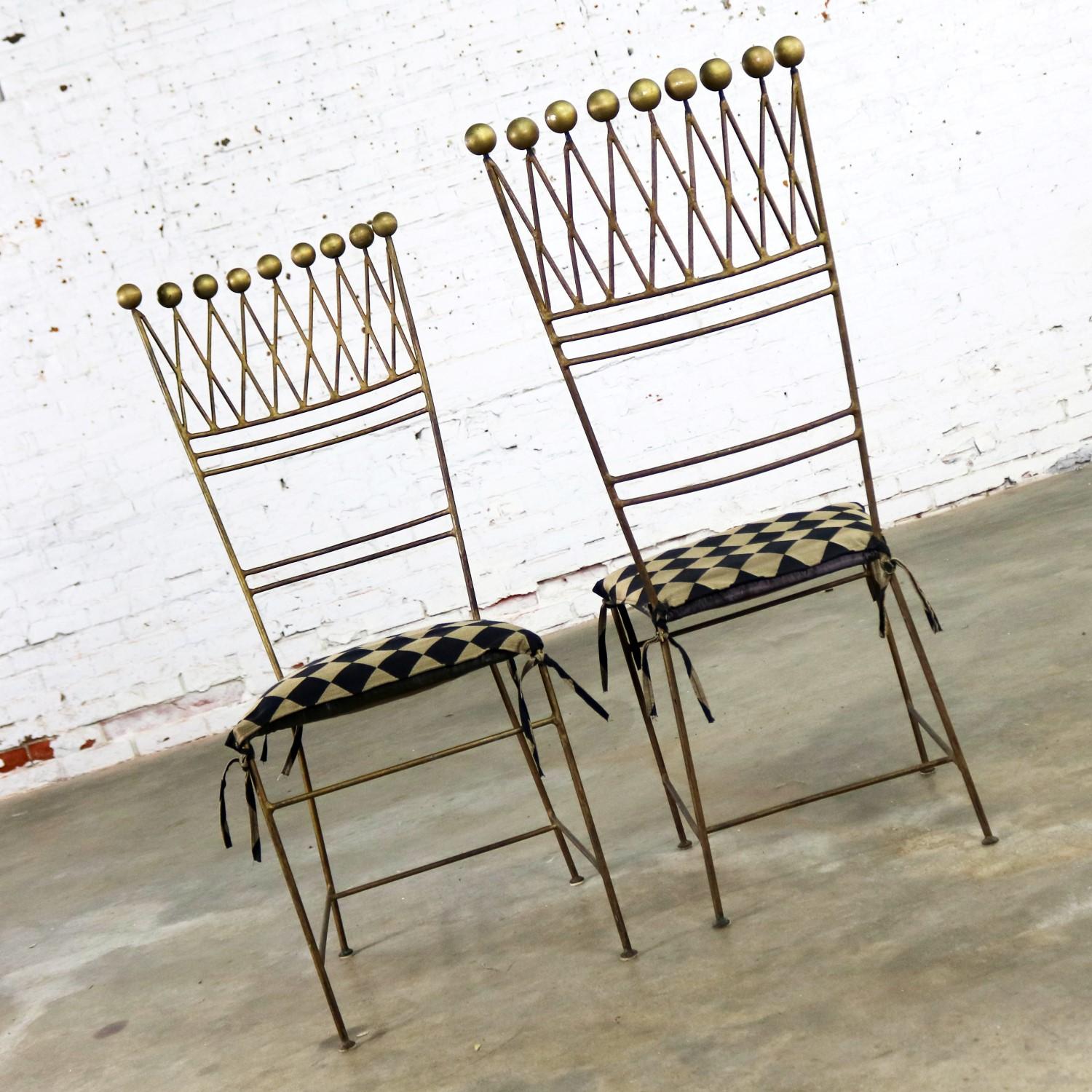 Pair of Gilt Iron Chairs Crown or Harlequin Style Ball Finials Art Deco 1