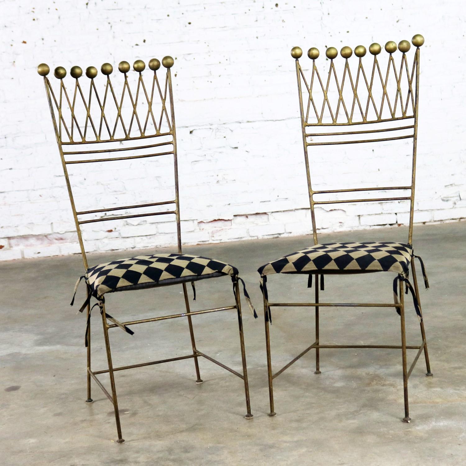 Pair of Gilt Iron Chairs Crown or Harlequin Style Ball Finials Art Deco 2