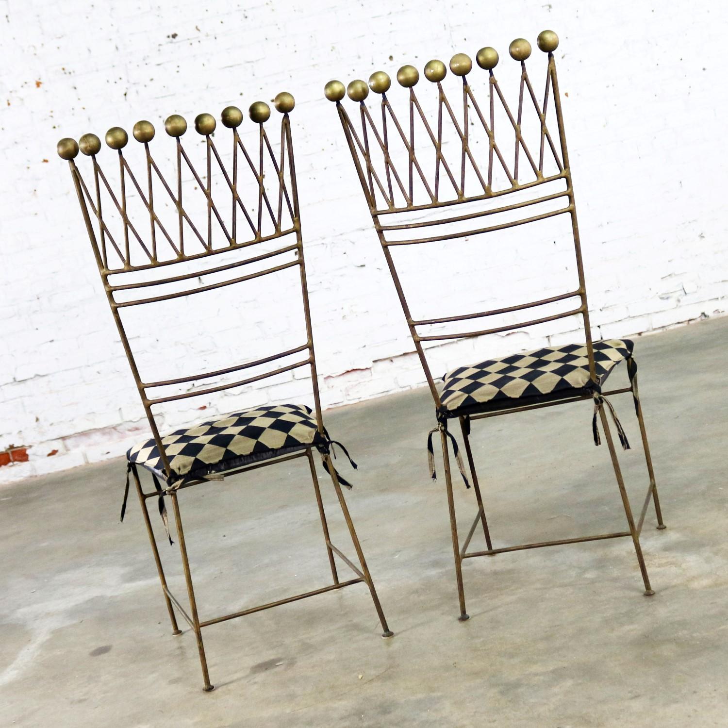 Pair of Gilt Iron Chairs Crown or Harlequin Style Ball Finials Art Deco 3