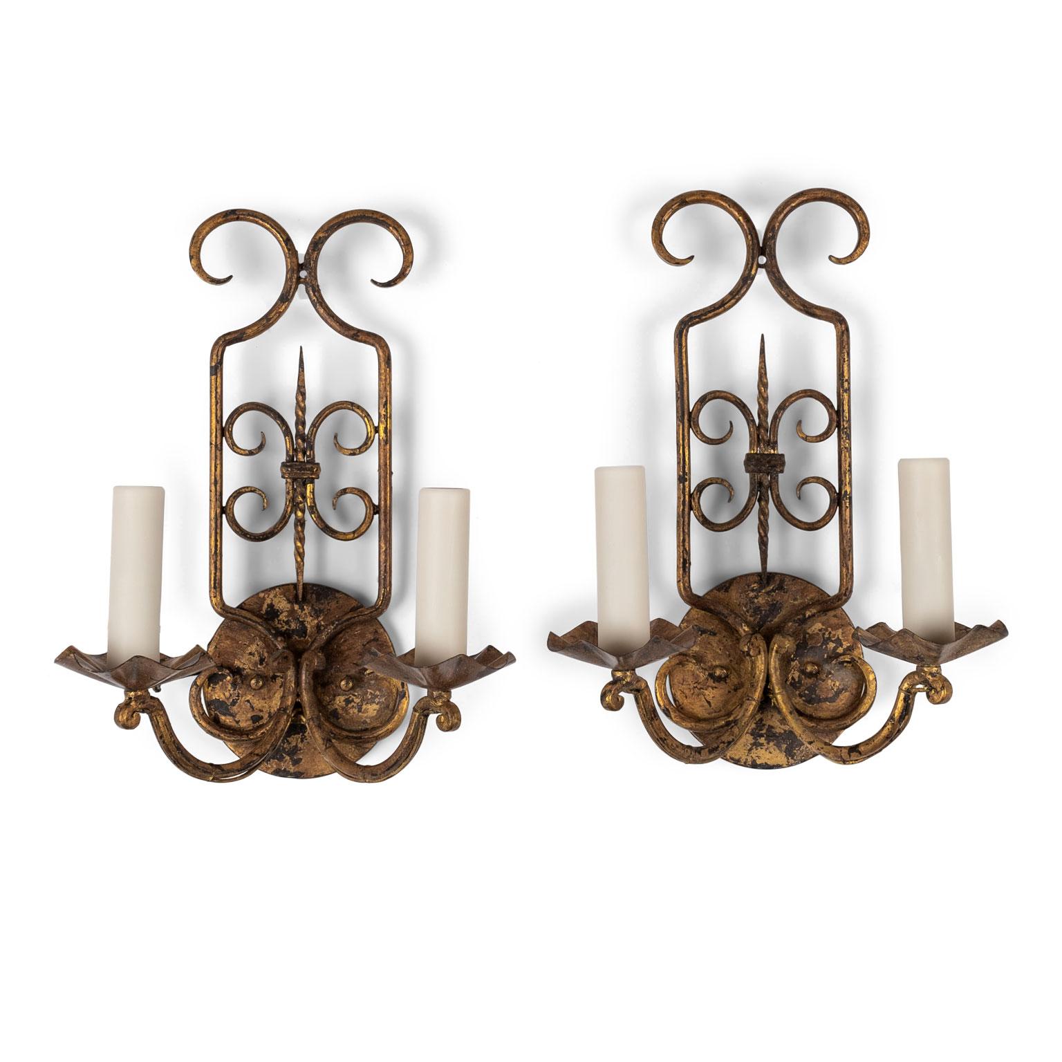 Brass Pair of Gilt-Iron French Sconces