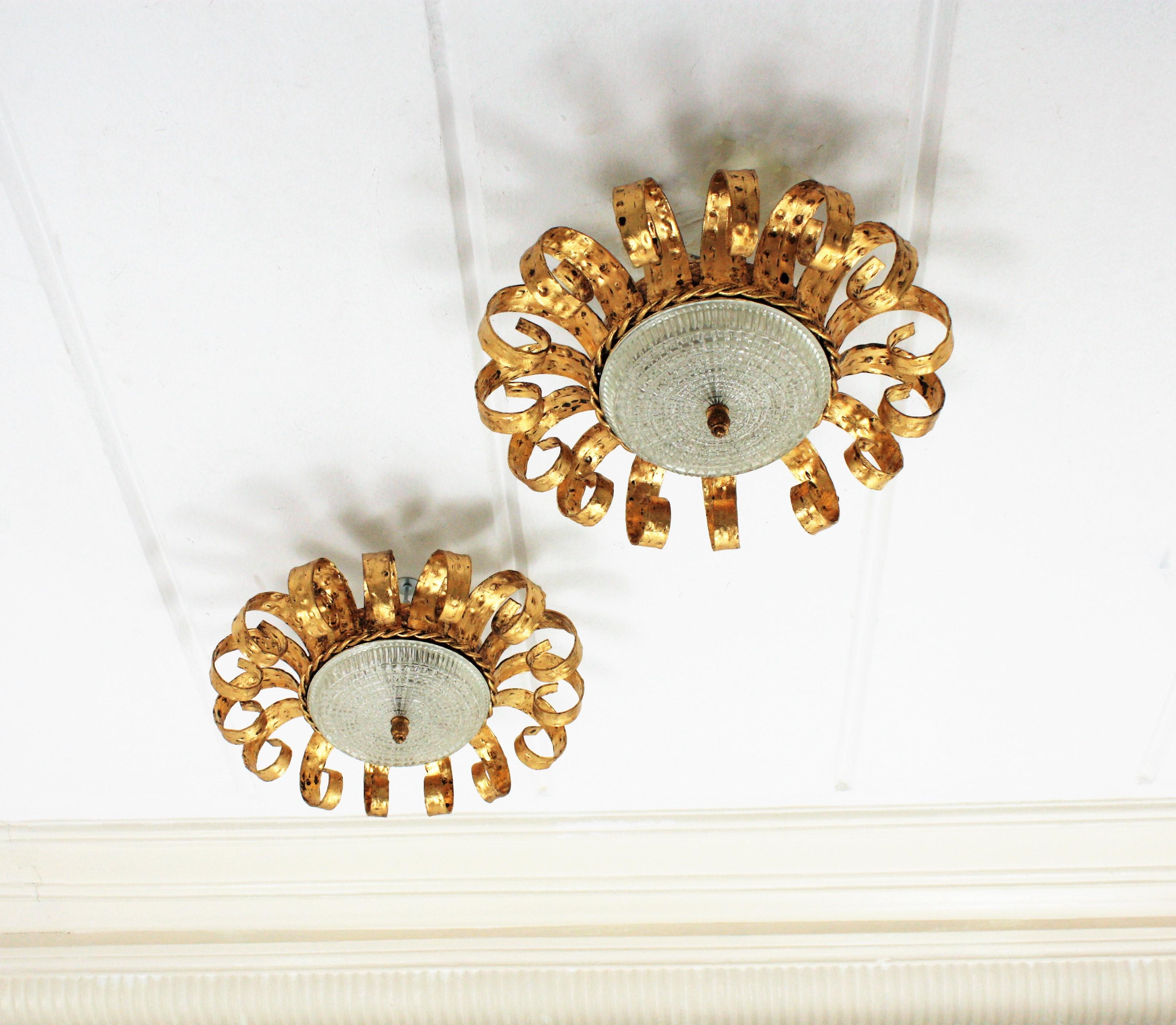 Pair of Sunburst Crown Ceiling Flush Mounts in Gilt Iron & Glass, Scroll Motif  For Sale 7