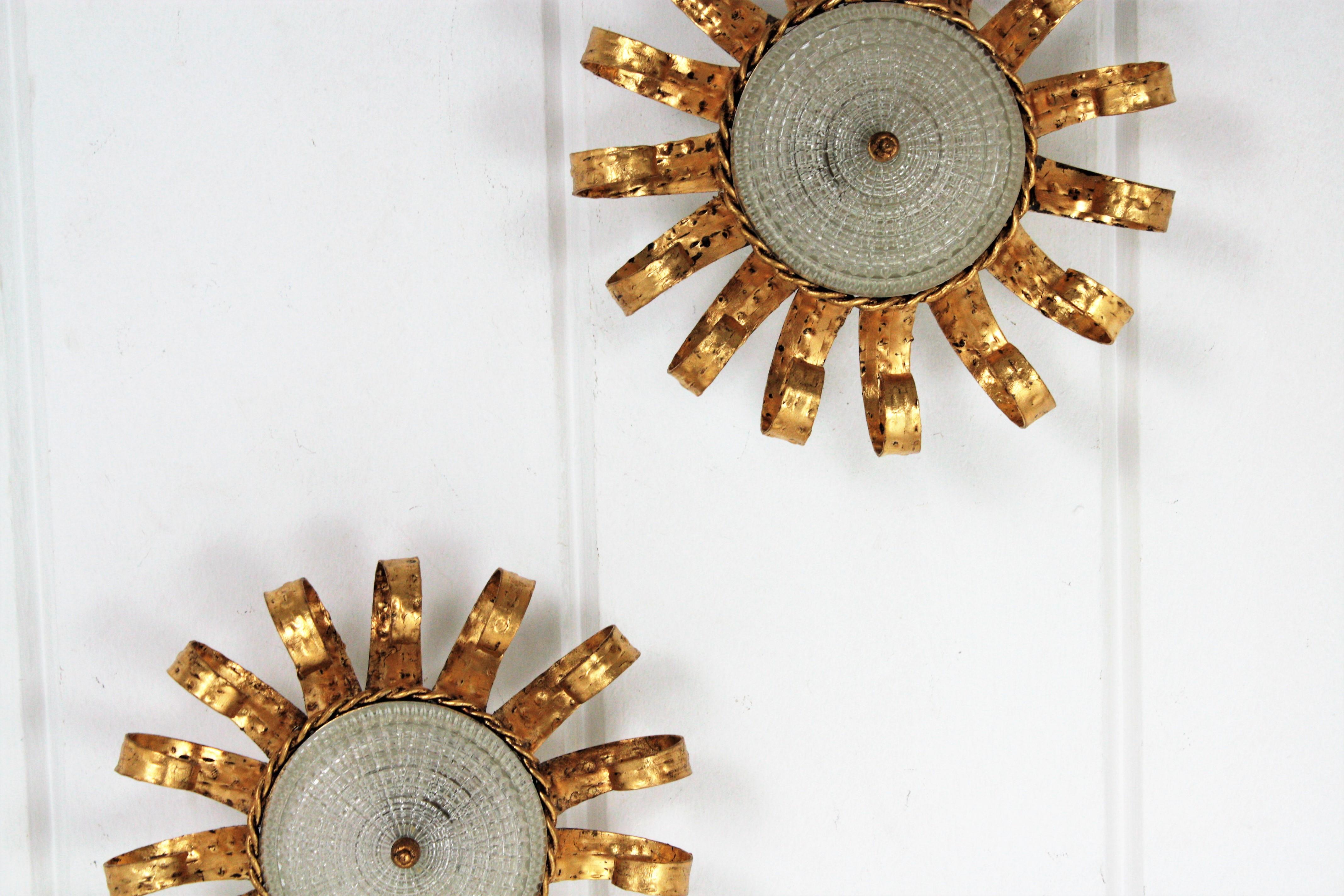 Pair of Sunburst Crown Ceiling Flush Mounts in Gilt Iron & Glass, Scroll Motif  For Sale 1