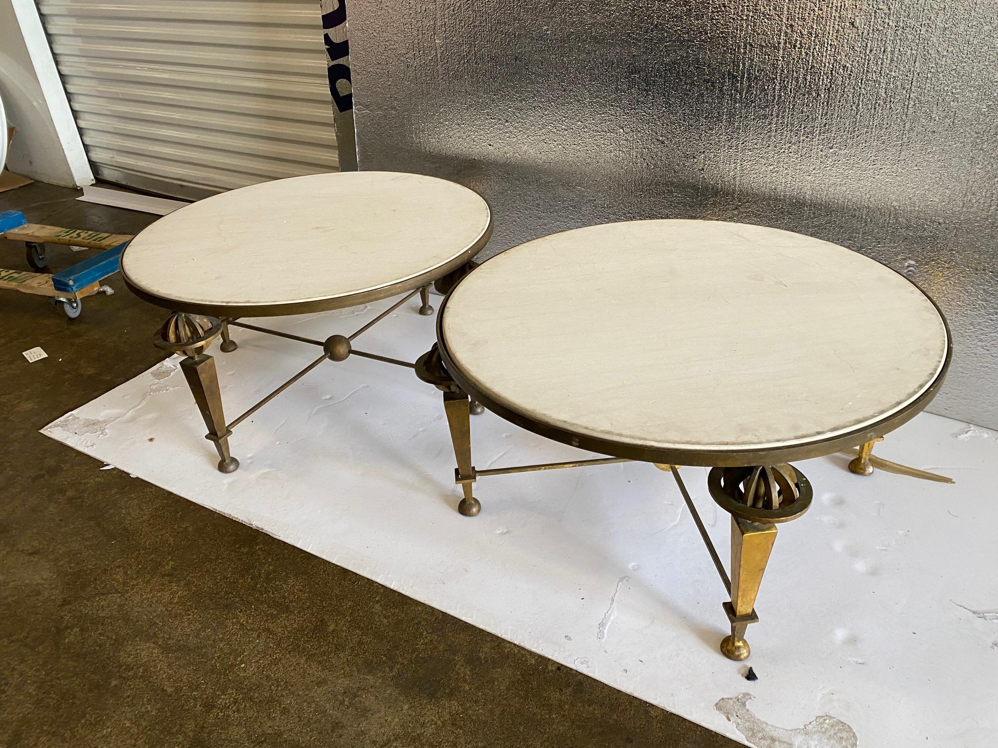 Pair of Gilt Iron Low Tables attributed to Gilbert Poillerat For Sale 1