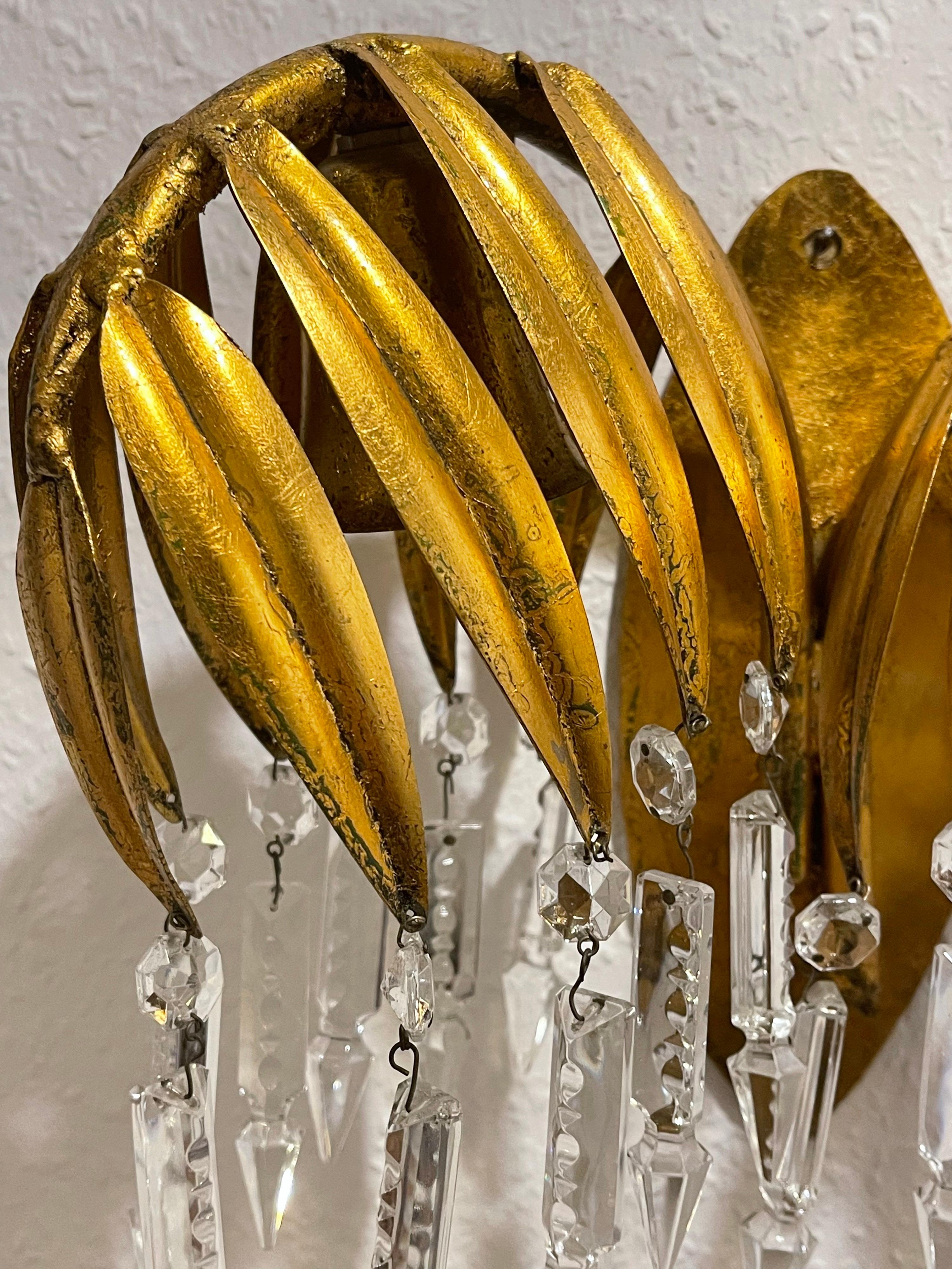 German Pair of Gilt Iron Palm Tree Wall Sconces by Hans Kögl, ca. 1970s For Sale